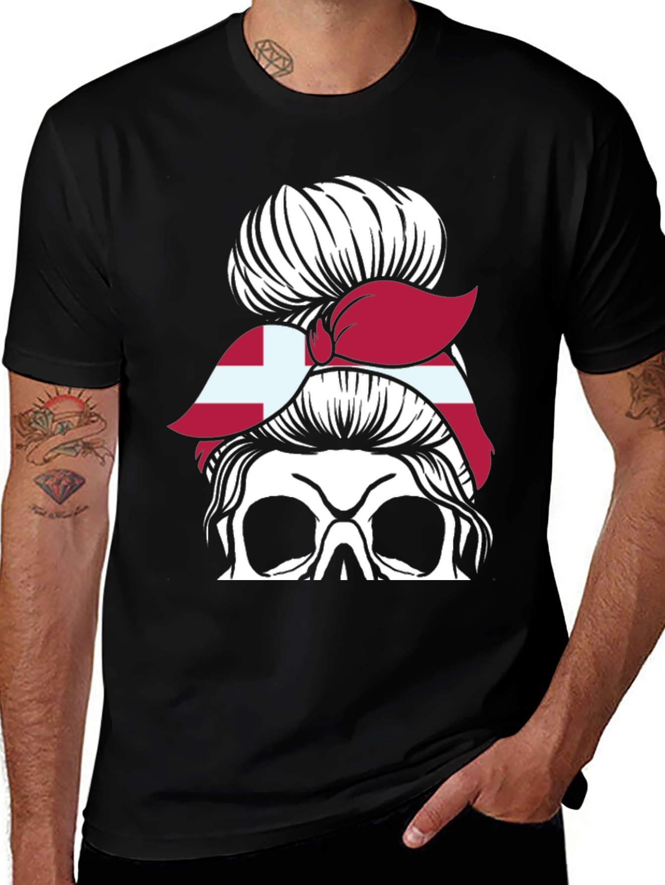 Variant 8 of Danish Flag Skull Messy Bun T-Shirt