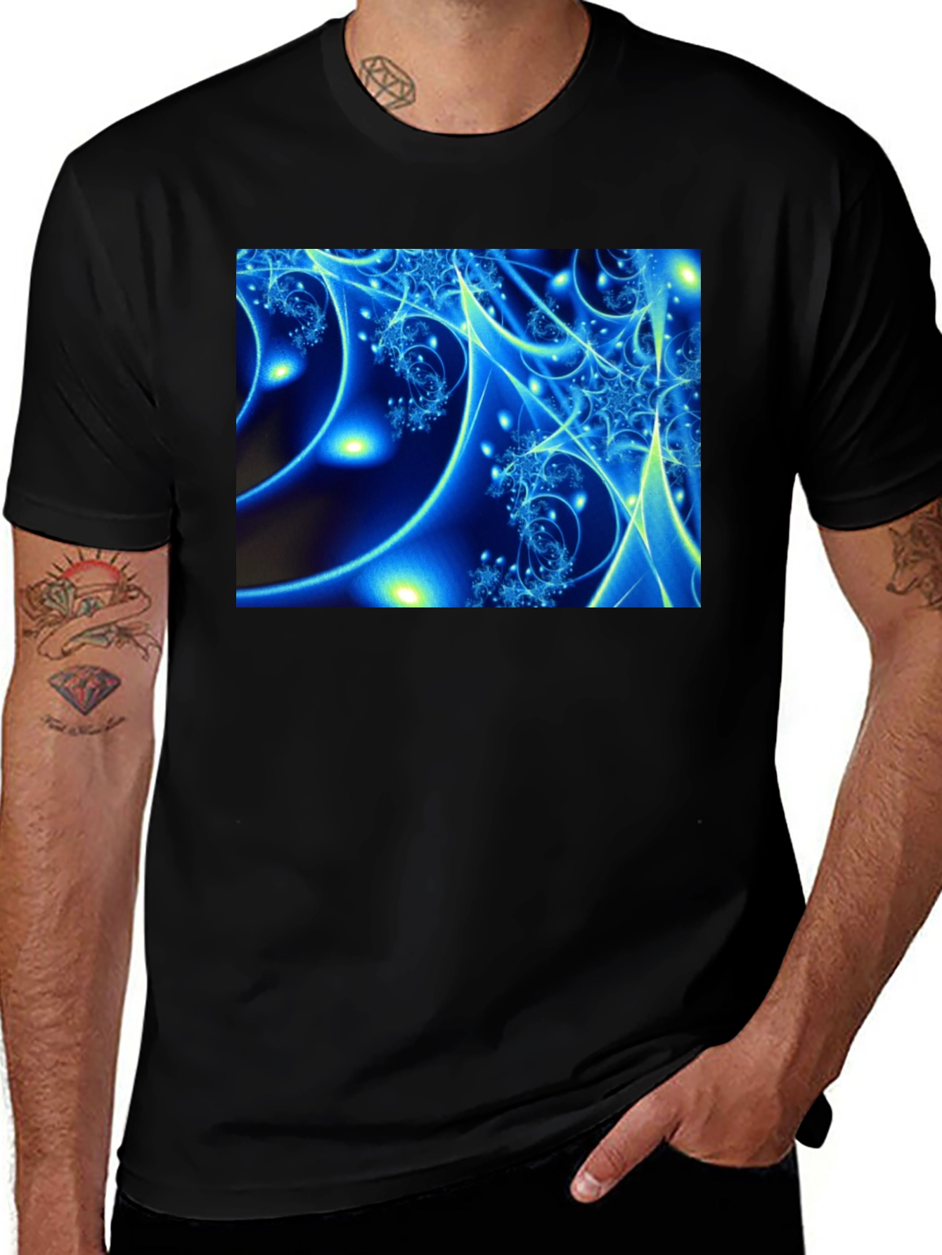 Electric Blue Fractal Art Black T-Shirt