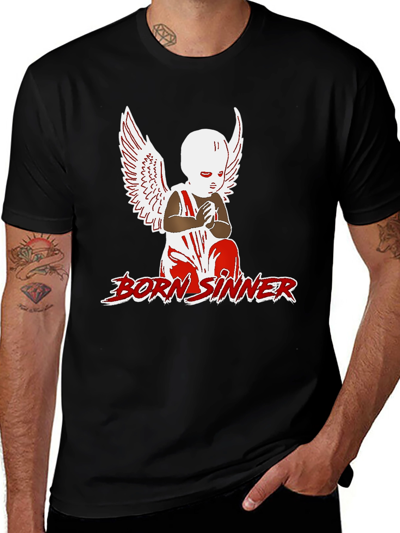 Variant 14 of Born Sinner Graphic Tee - Angel Wings Design