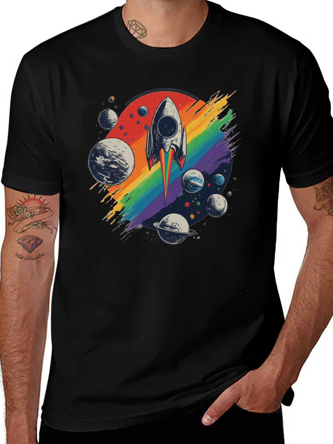 Variant 30 of Retro Rocket Rainbow Planets Graphic Tee
