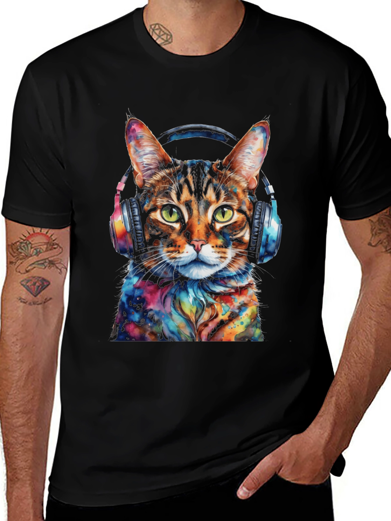 Variant 23 of Cat Lover T-Shirt: Colorful Cat with Headphones Design