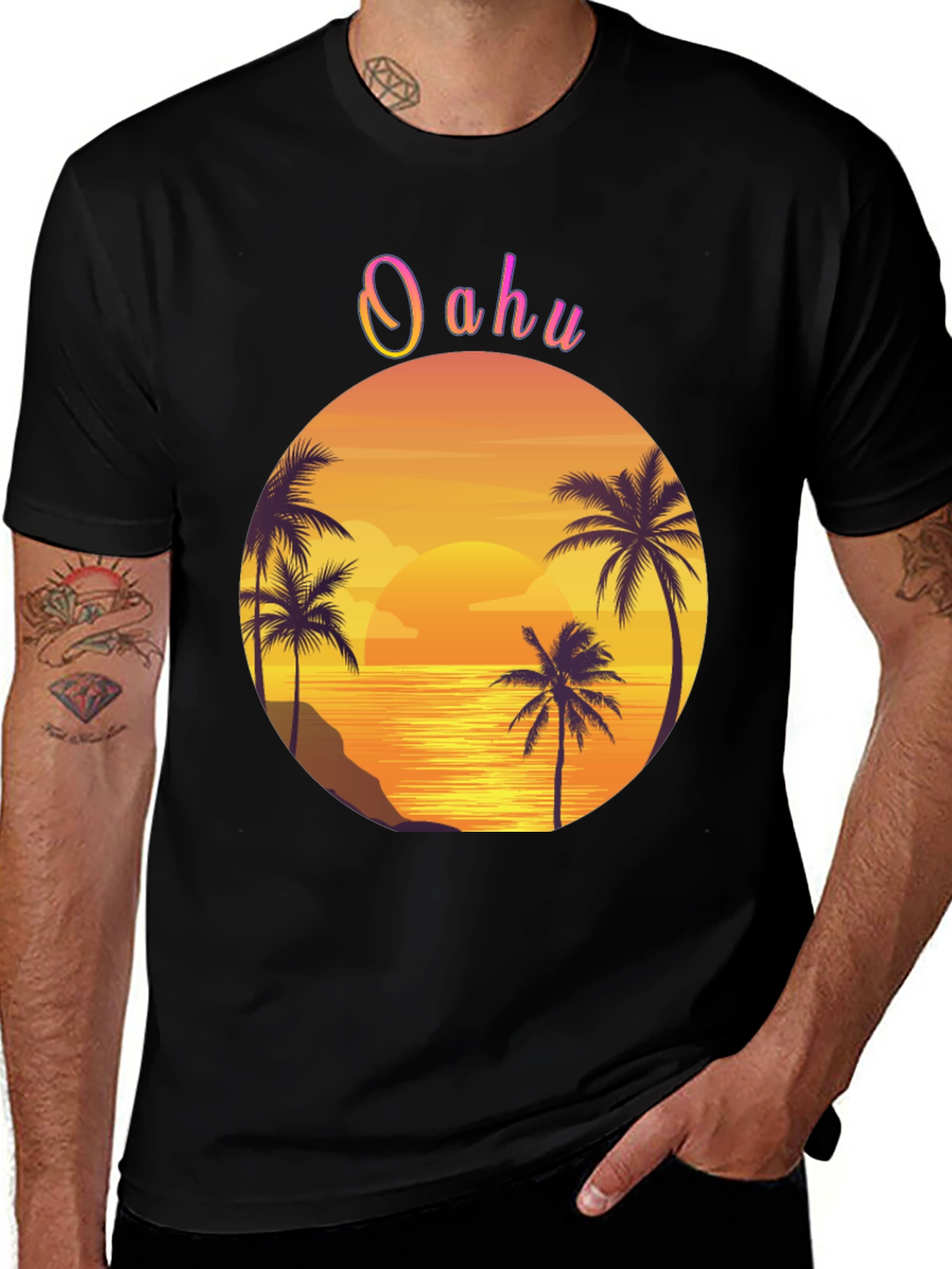 Oahu Sunset Palm Tree Graphic Tee - Black