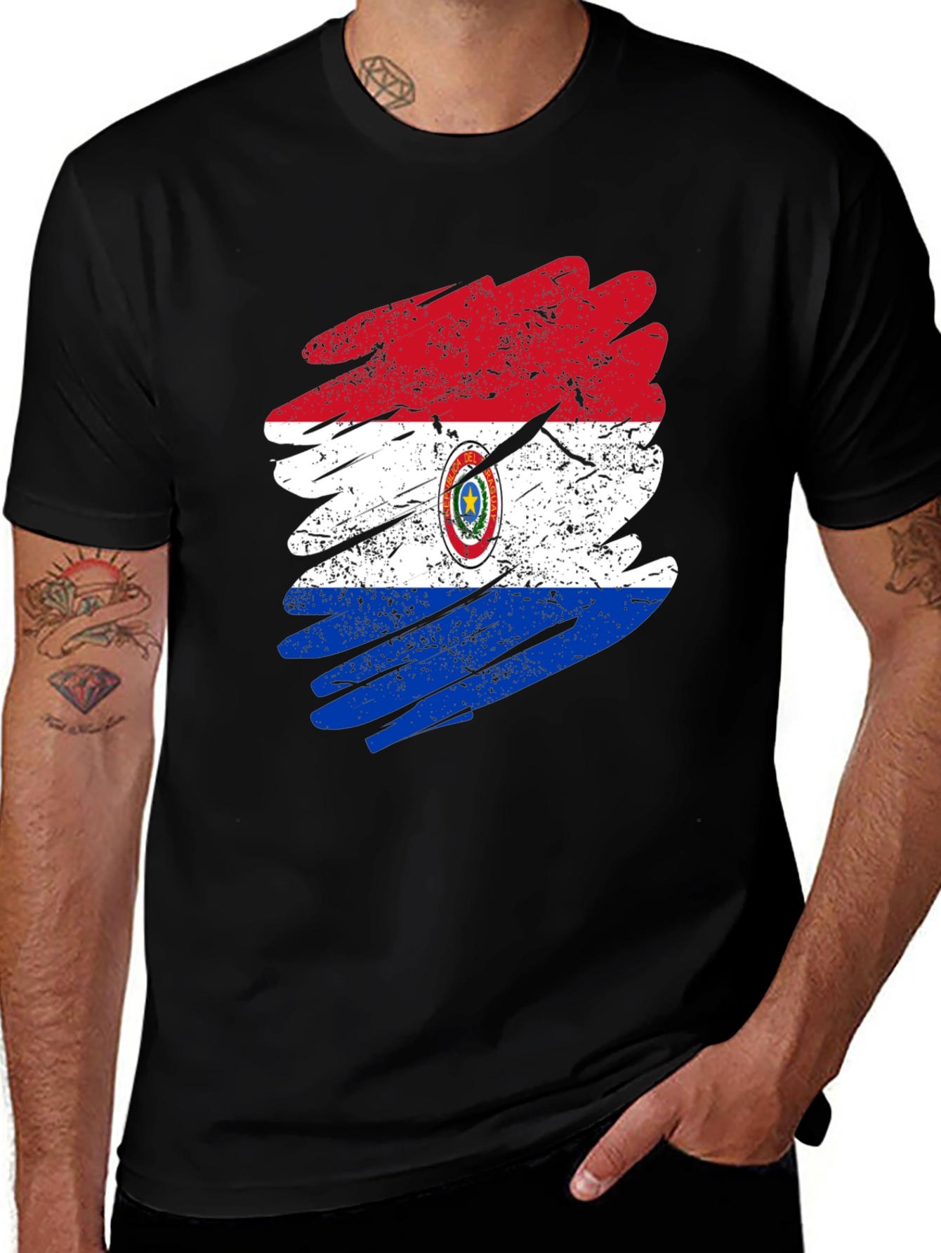 Variant 9 of Paraguay Flag Grunge Style Men's Black T-Shirt