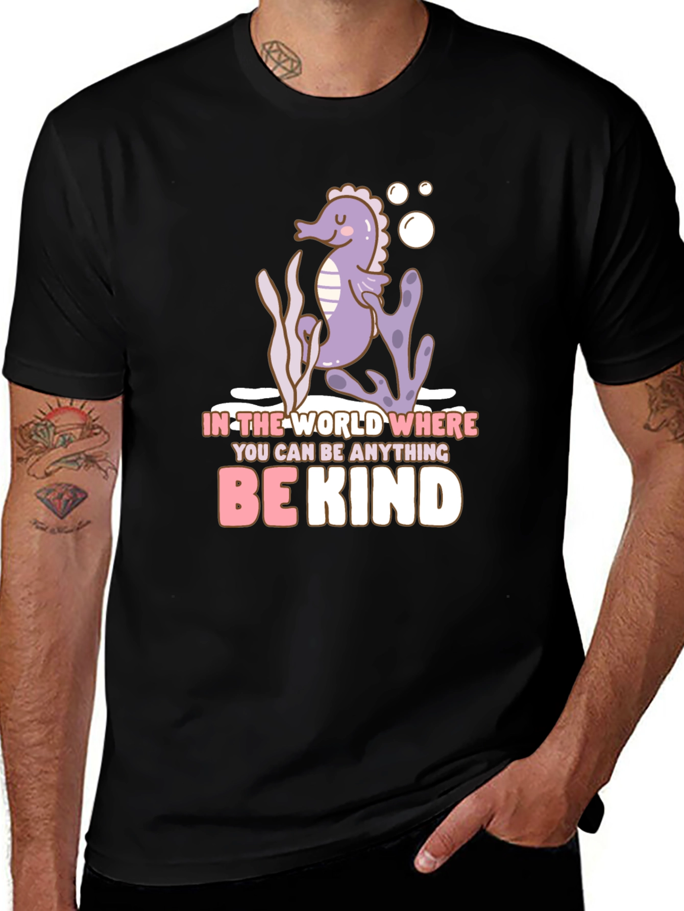 Variant 21 of Be Kind Seahorse Graphic Tee - Black Cotton T-Shirt