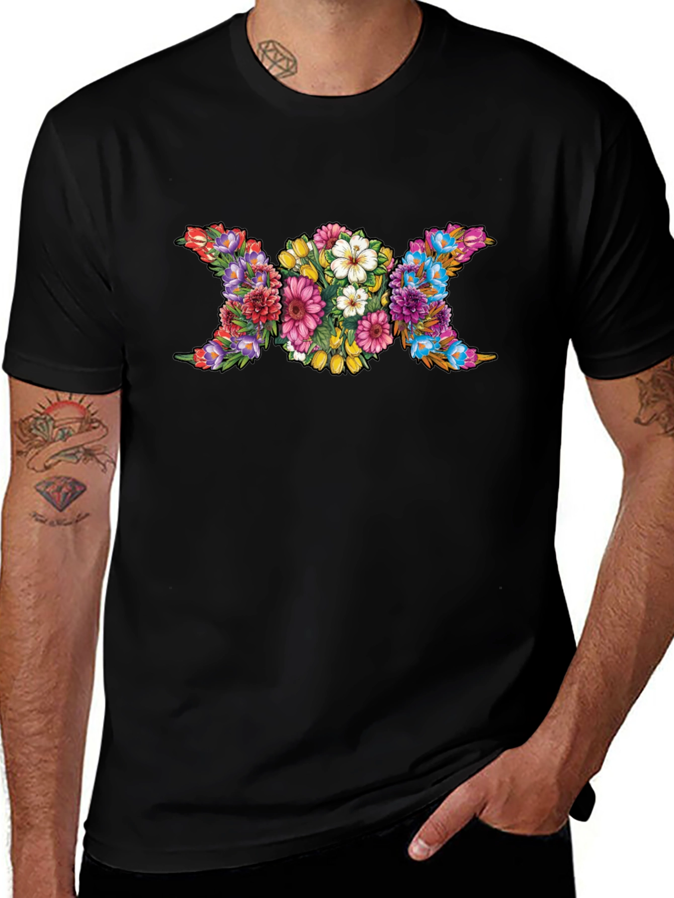 Floral Triple Moon Goddess Black T-Shirt