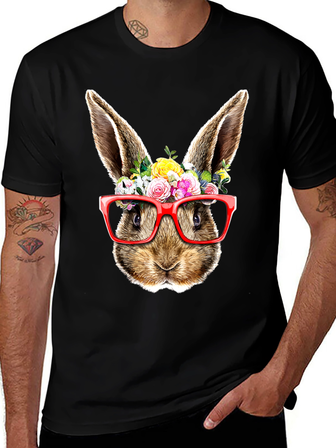 Variant 16 of Bunny Floral Glasses Black T-Shirt