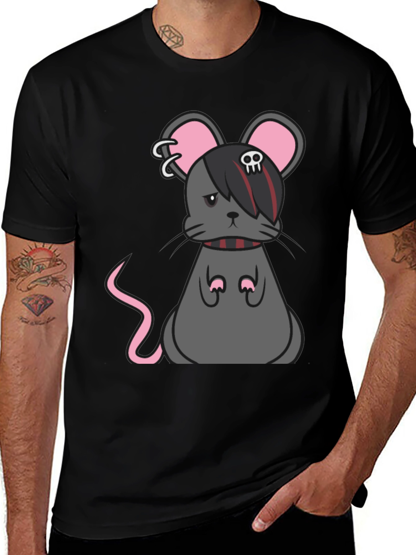 Variant 6 of Emo Mouse Graphic Tee - Black Cotton Blend