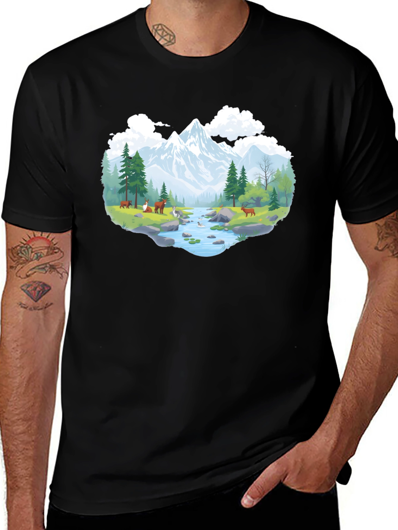 Nature Scene Graphic Tee - Black Cotton