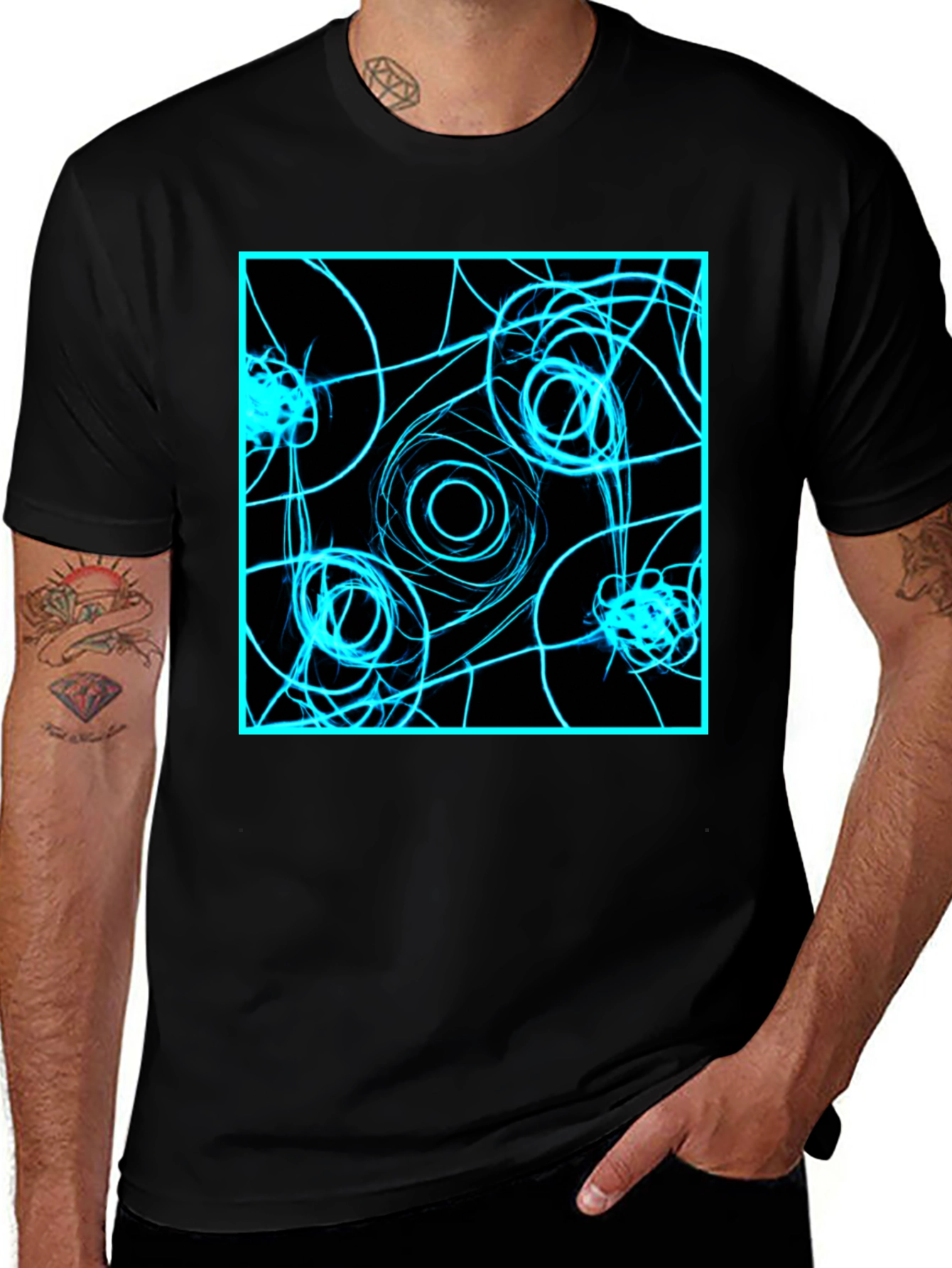 Variant 12 of Abstract Geometric T-Shirt: Electric Blue on Black