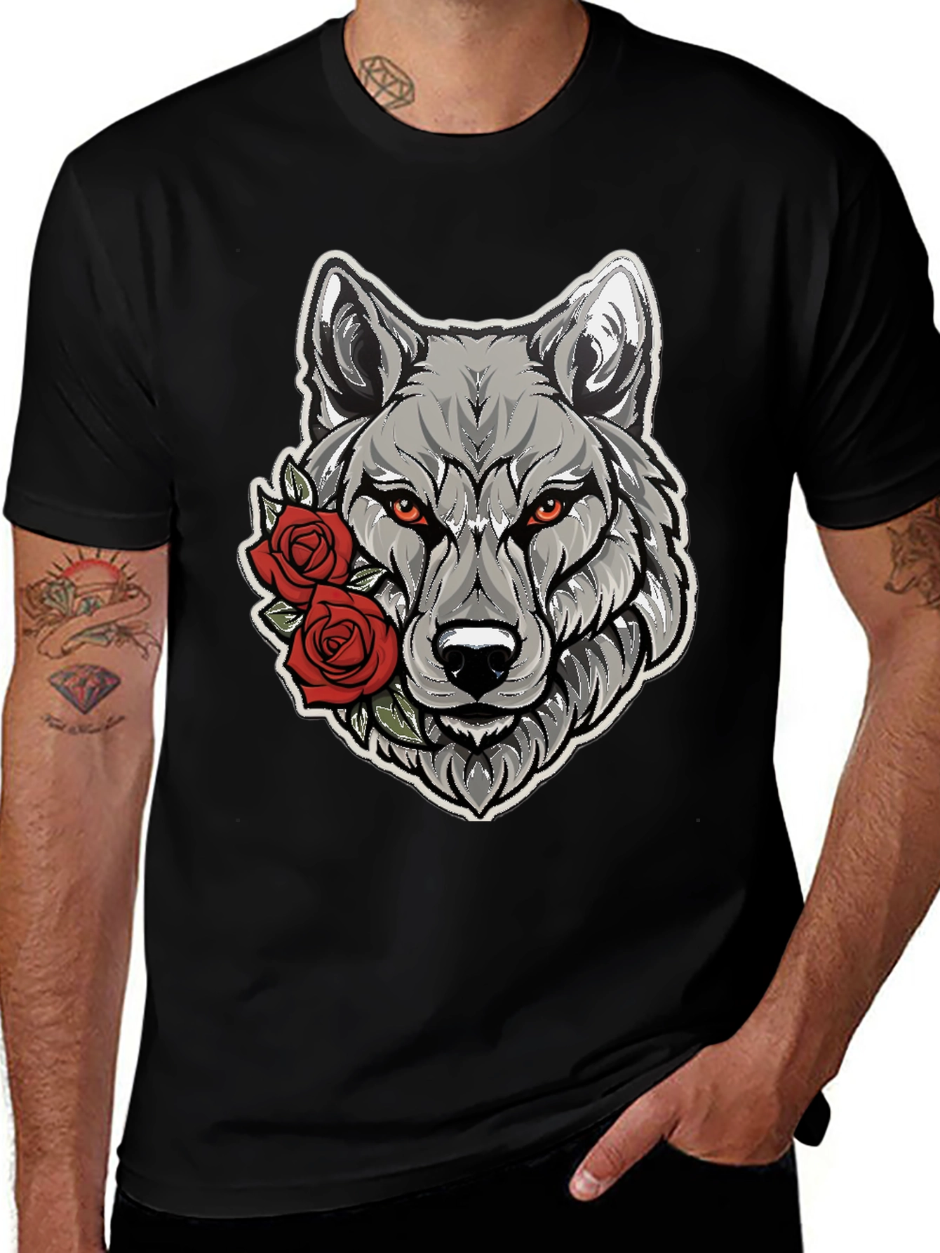 Variant 17 of Wolf & Roses Graphic Tee - Men's Black T-Shirt