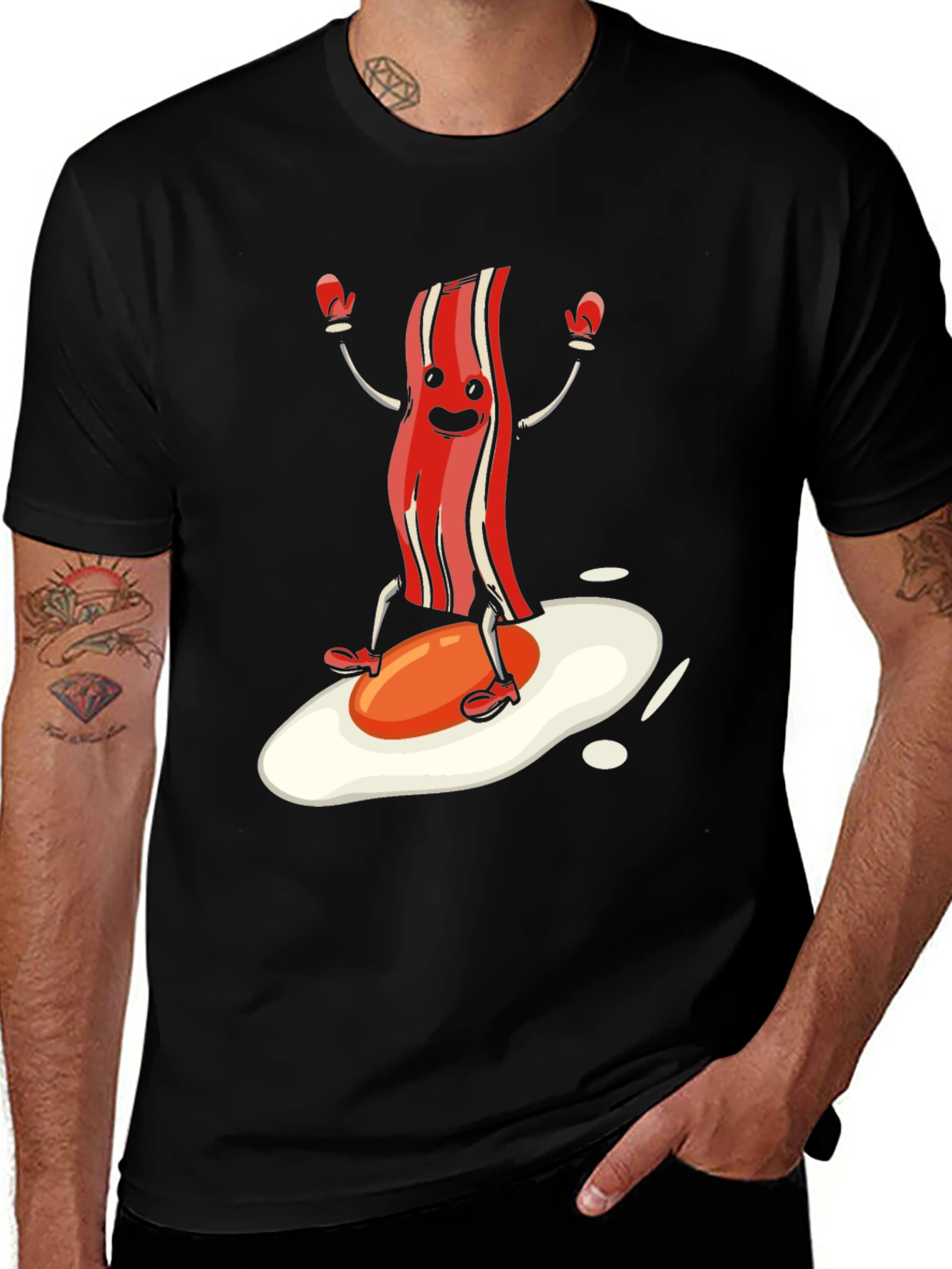 Black Bacon & Egg Cartoon Graphic Tee - Novelty Food Shirt main image