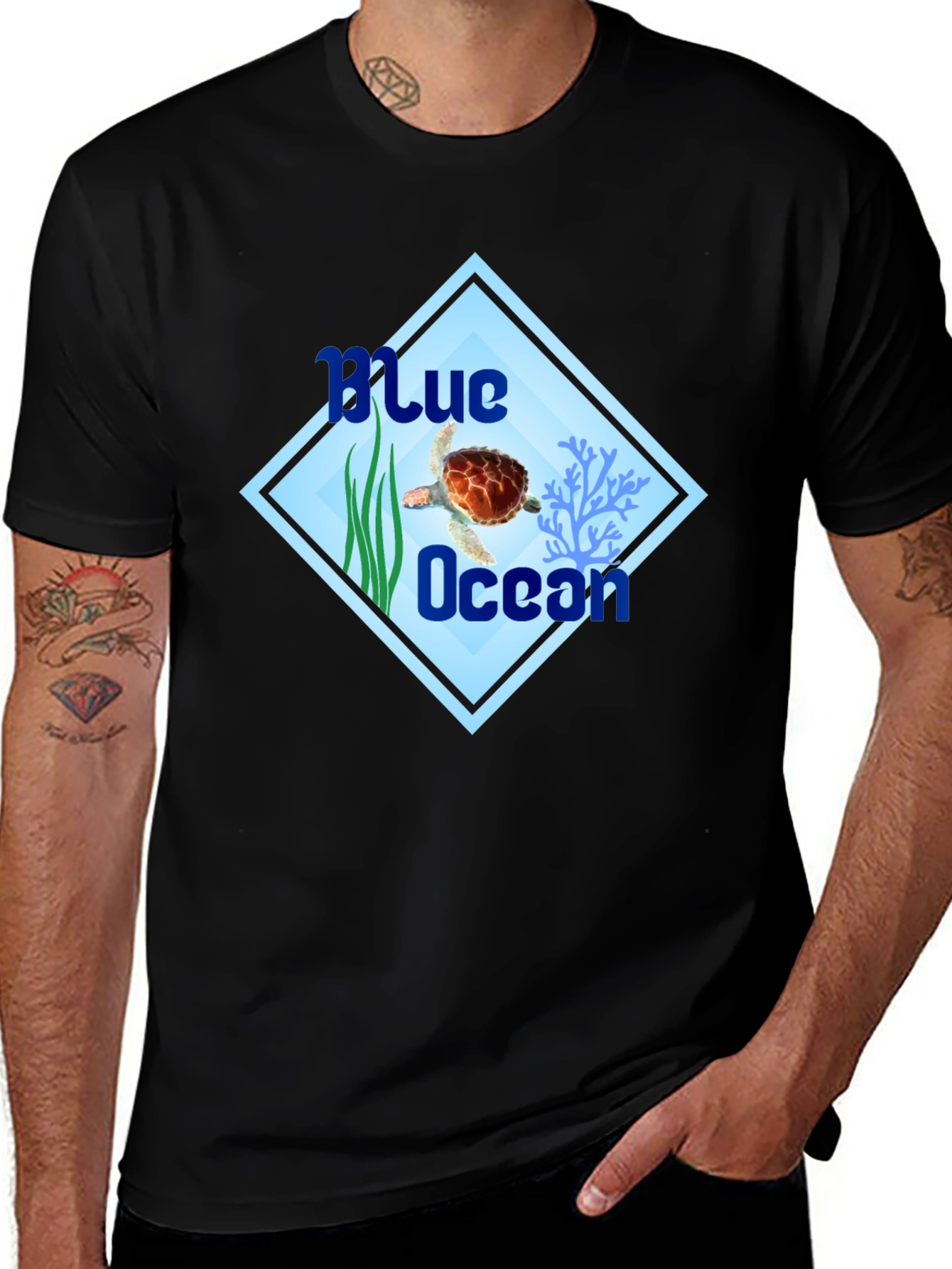 Variant 17 of Blue Ocean Turtle Graphic Tee - Black