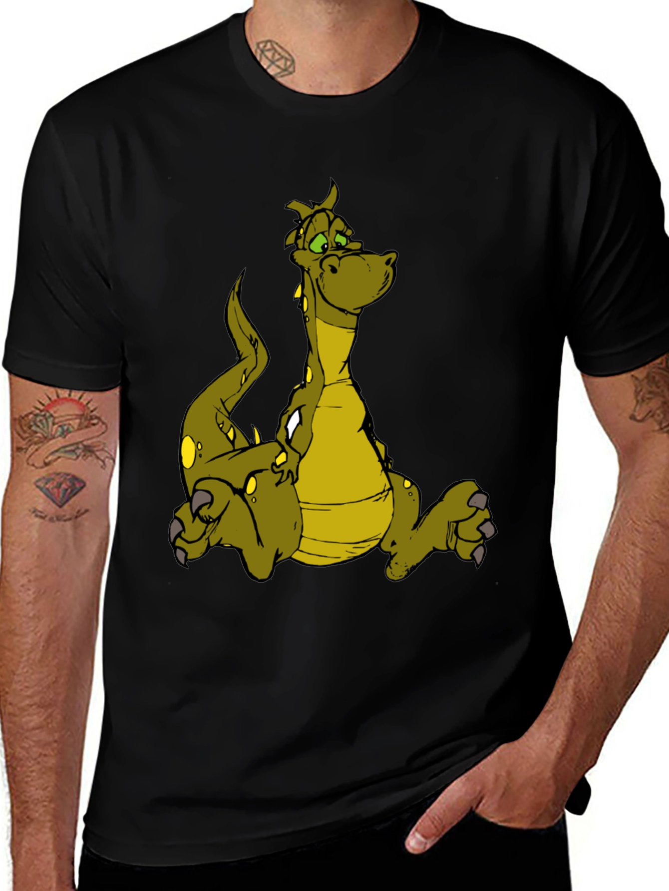 Variant 6 of Cartoon Dragon Graphic T-Shirt - Black Cotton Tee