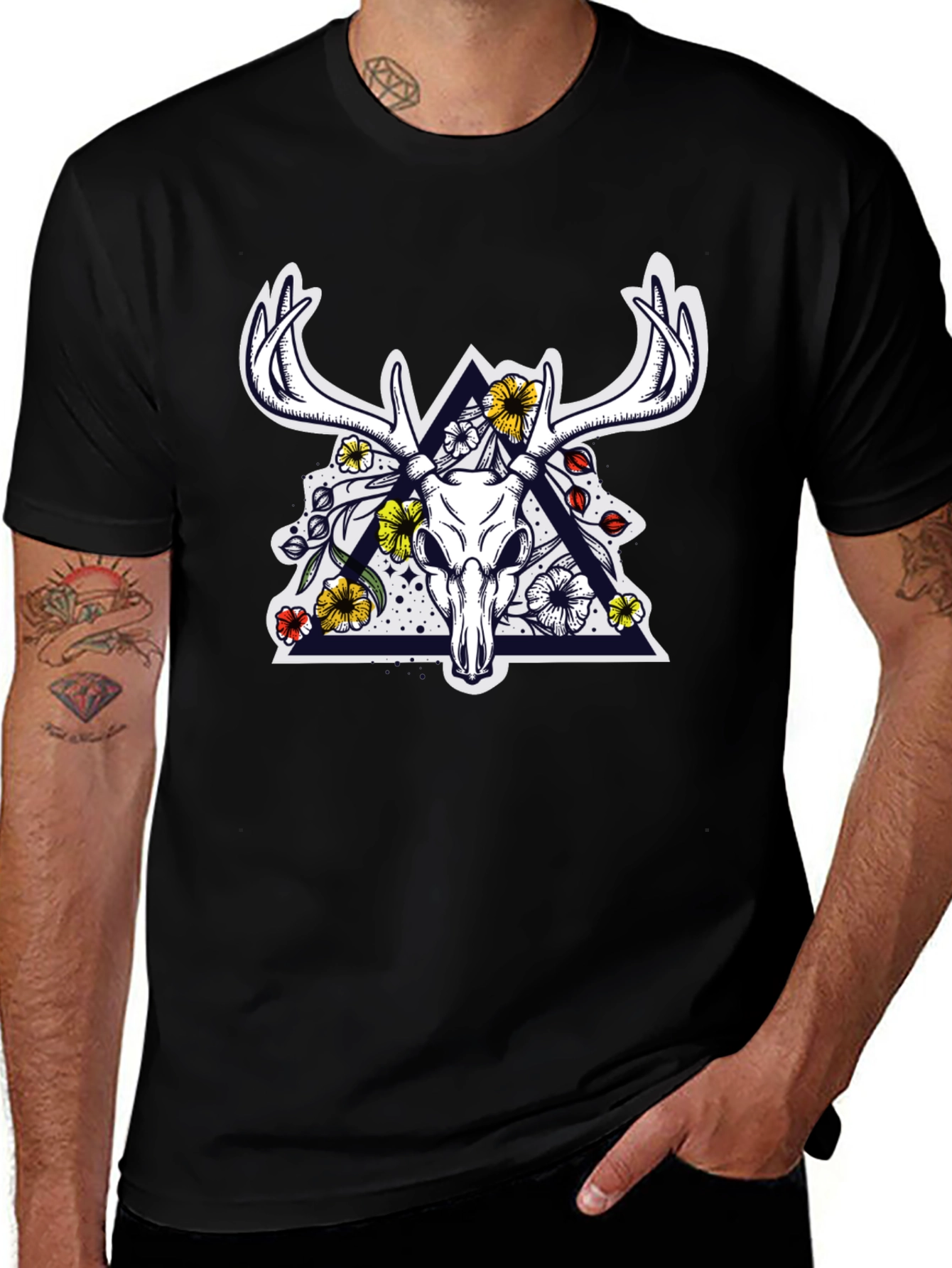 Variant 9 of Deer Skull Floral Triangle Graphic T-Shirt