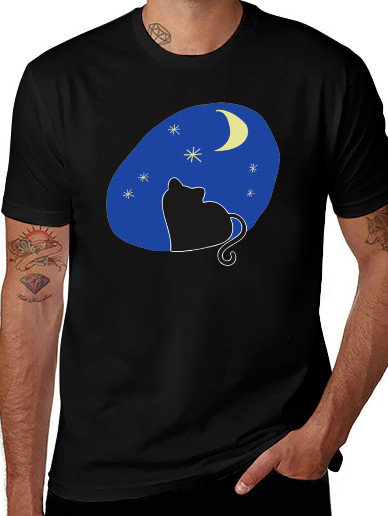 Variant 29 of Black Cat Stargazing T-Shirt - Crescent Moon Graphic Tee