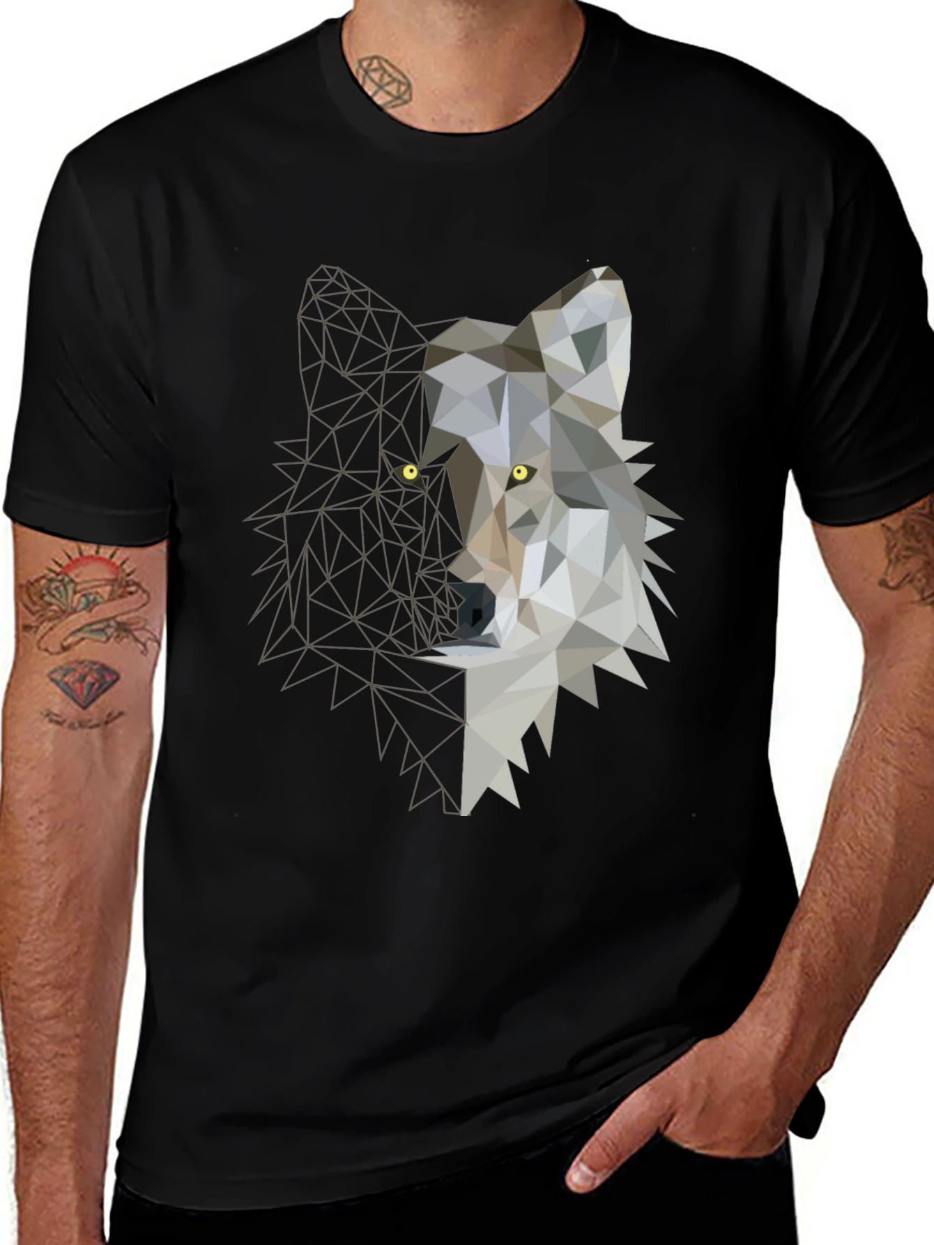 Variant 20 of Geometric Wolf Graphic Black T-Shirt