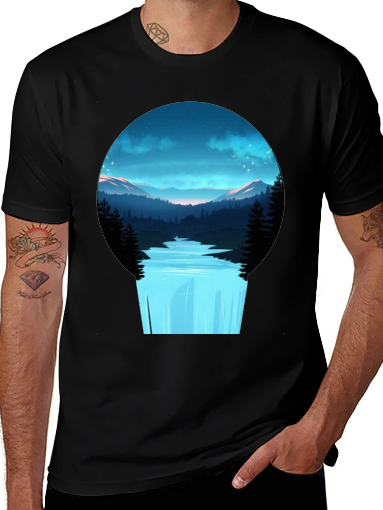 Variant 28 of Nature Vista Black Tee - Artistic Mountain Waterfall Design