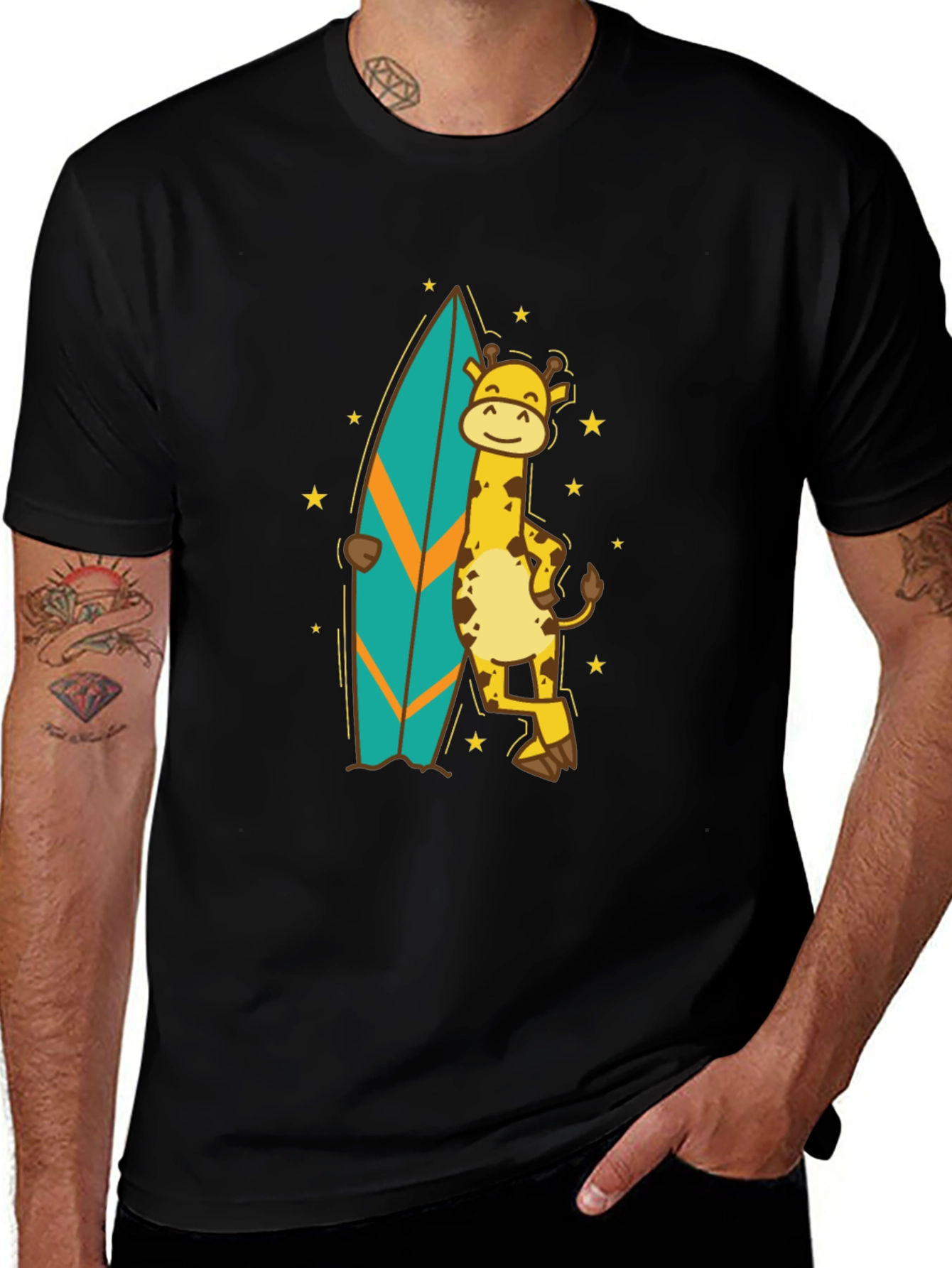 Variant 15 of Surfing Giraffe T-Shirt - Black Cotton Tee