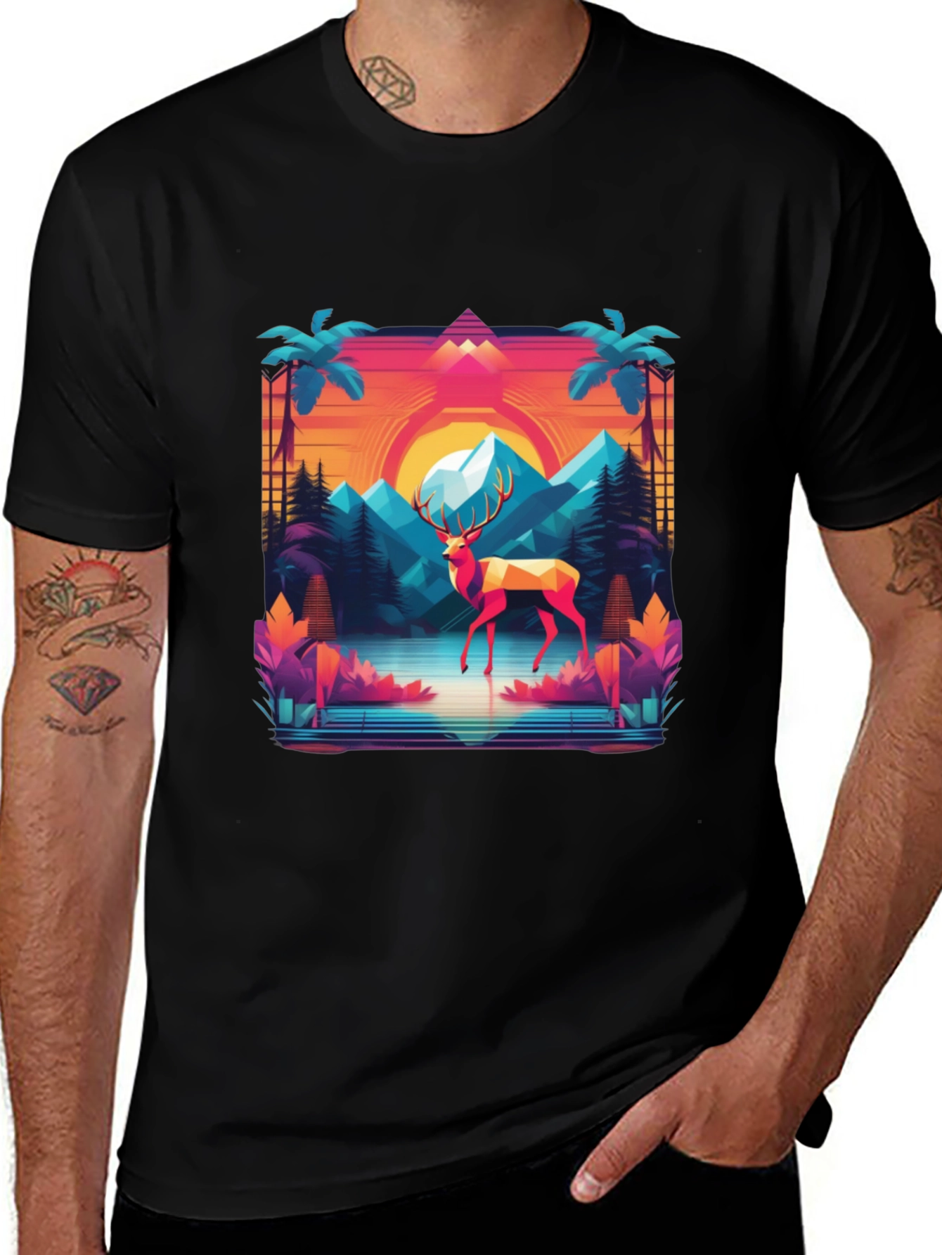 Variant 26 of Retro Deer Graphic Tee - Synthwave Style