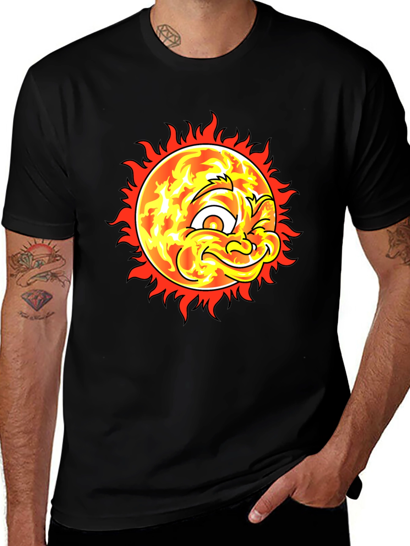 Fiery Sun Cartoon Graphic Black T-Shirt
