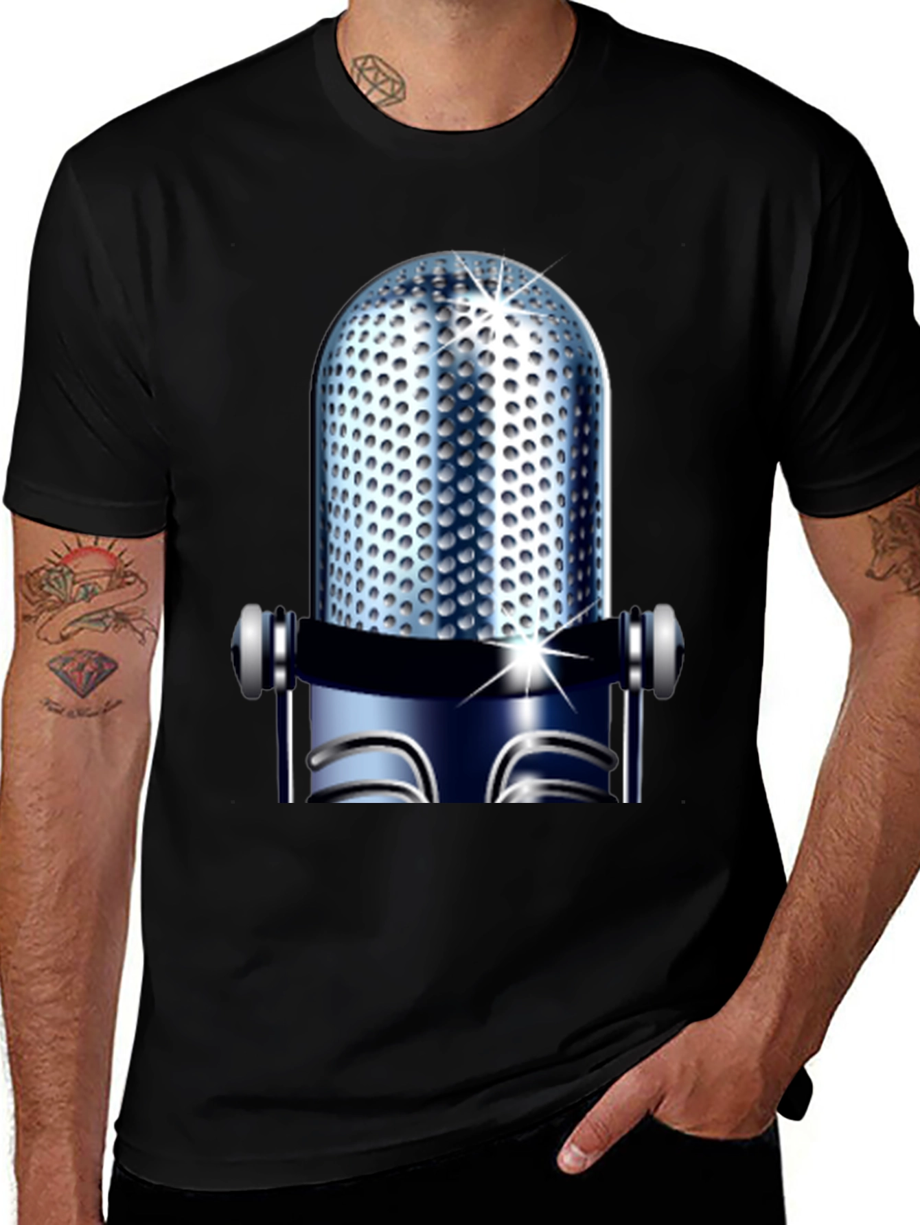 Variant 23 of Retro Microphone Graphic Tee - Black Cotton Blend
