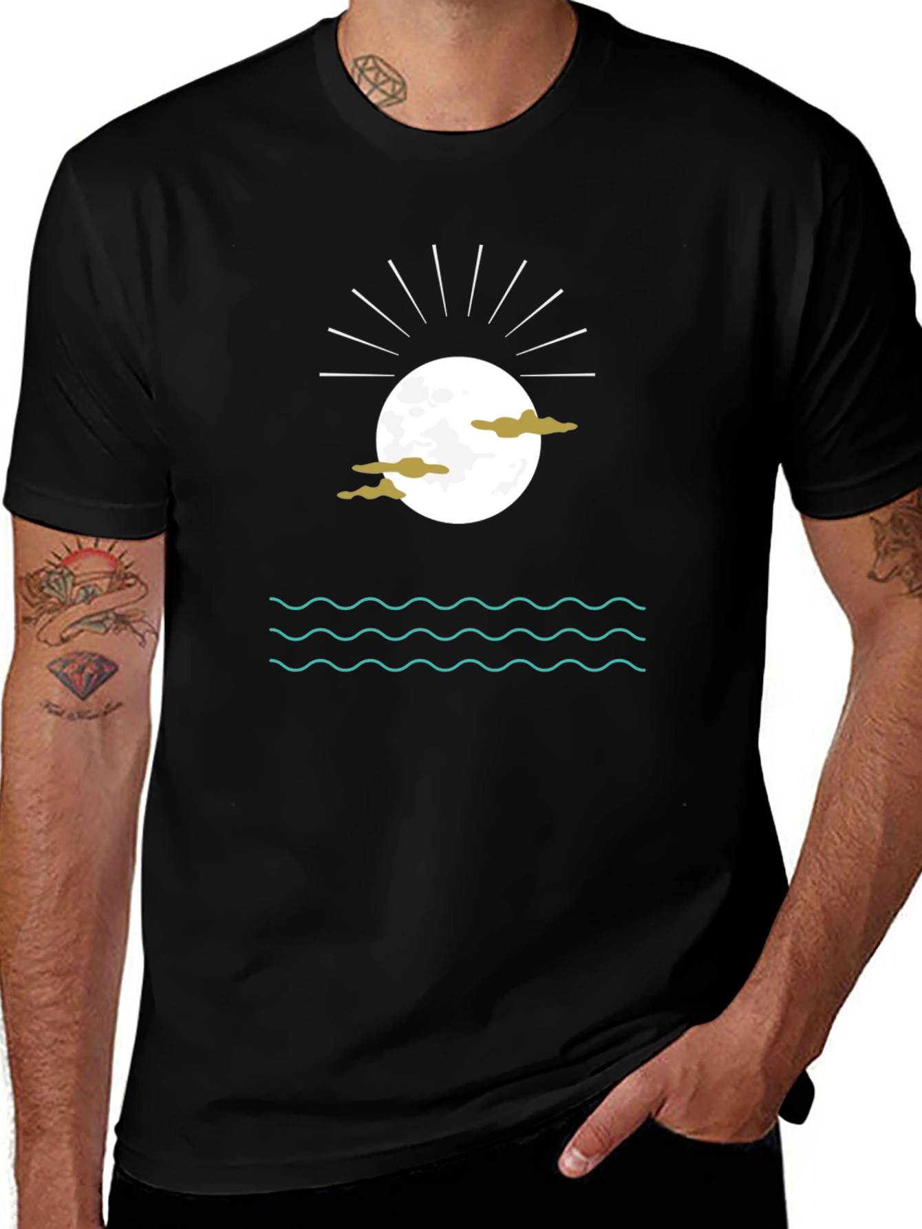 Variant 28 of Black Graphic Tee with Moon, Clouds and Water