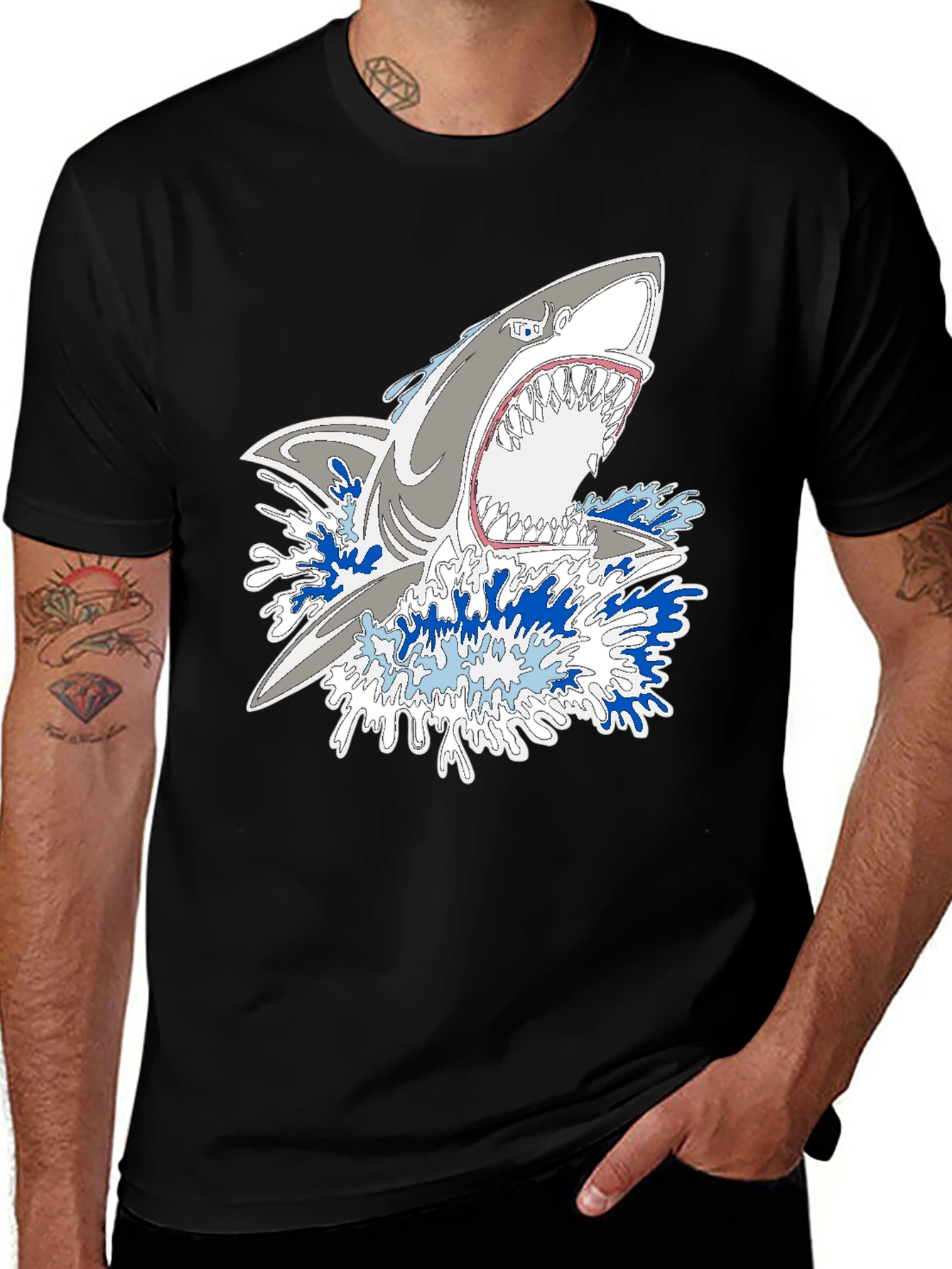 Variant 15 of Shark Attack Graphic Print Black Tee