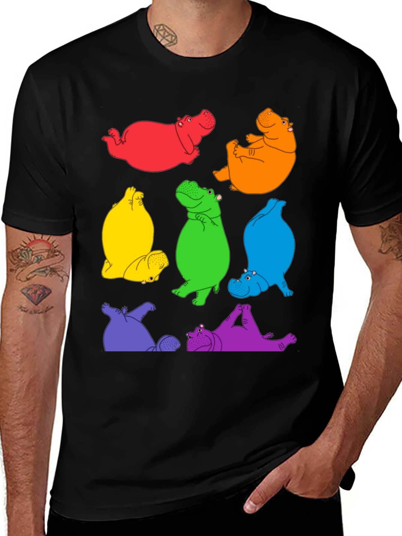 Rainbow Hippos Graphic T-Shirt - Novelty Animal Tee