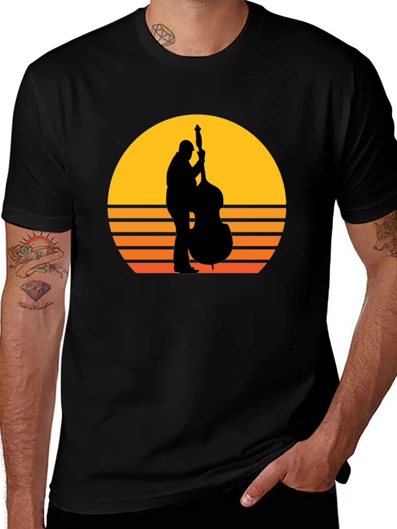 Retro Bass Player T-Shirt - Sunset Design