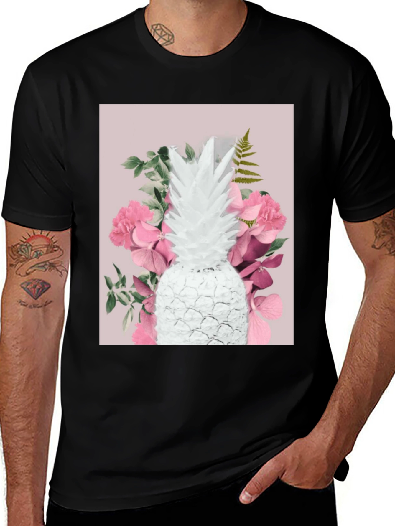 Variant 5 of Floral Pineapple Graphic Tee - Black Cotton Blend