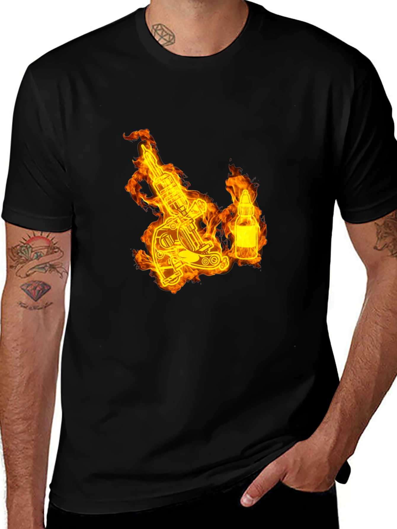 Flaming Tattoo Machine Graphic Tee - Black Cotton T-Shirt