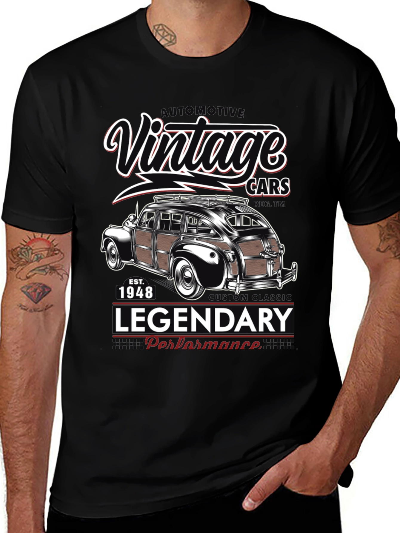 Black Vintage Cars T-Shirt - Legendary Performance 1948 main image