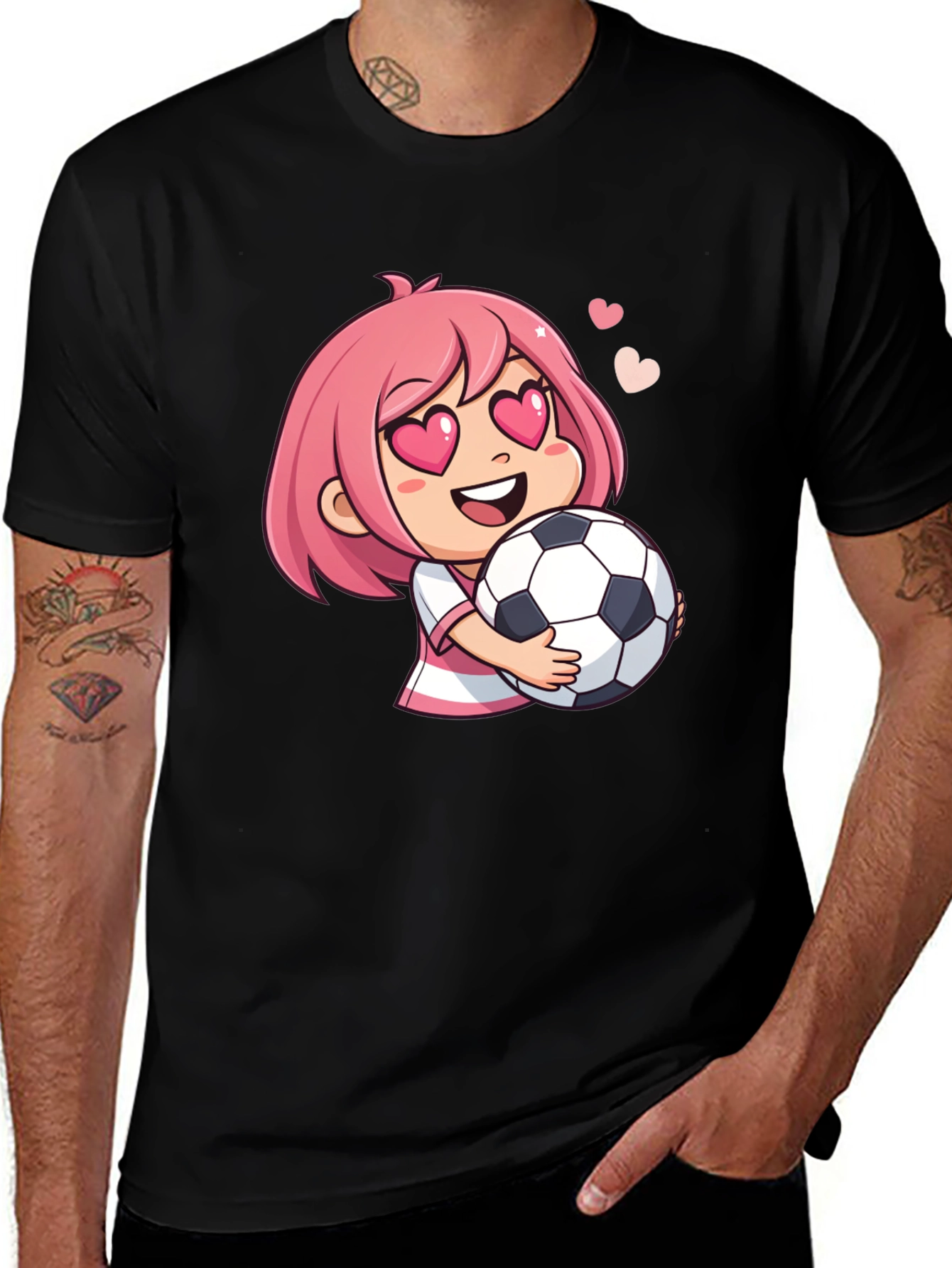 Variant 26 of Anime Girl Soccer Ball Heart Eyes Black T-Shirt