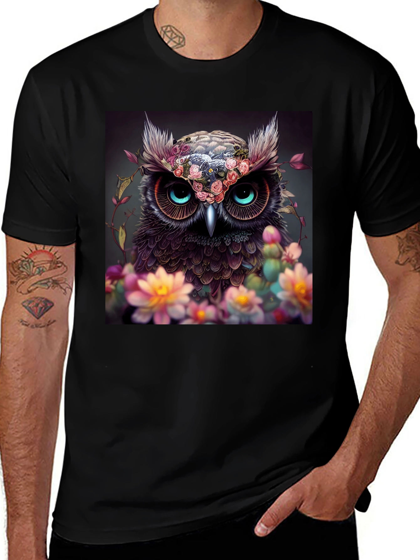 Variant 27 of Owl & Floral Graphic Black T-Shirt