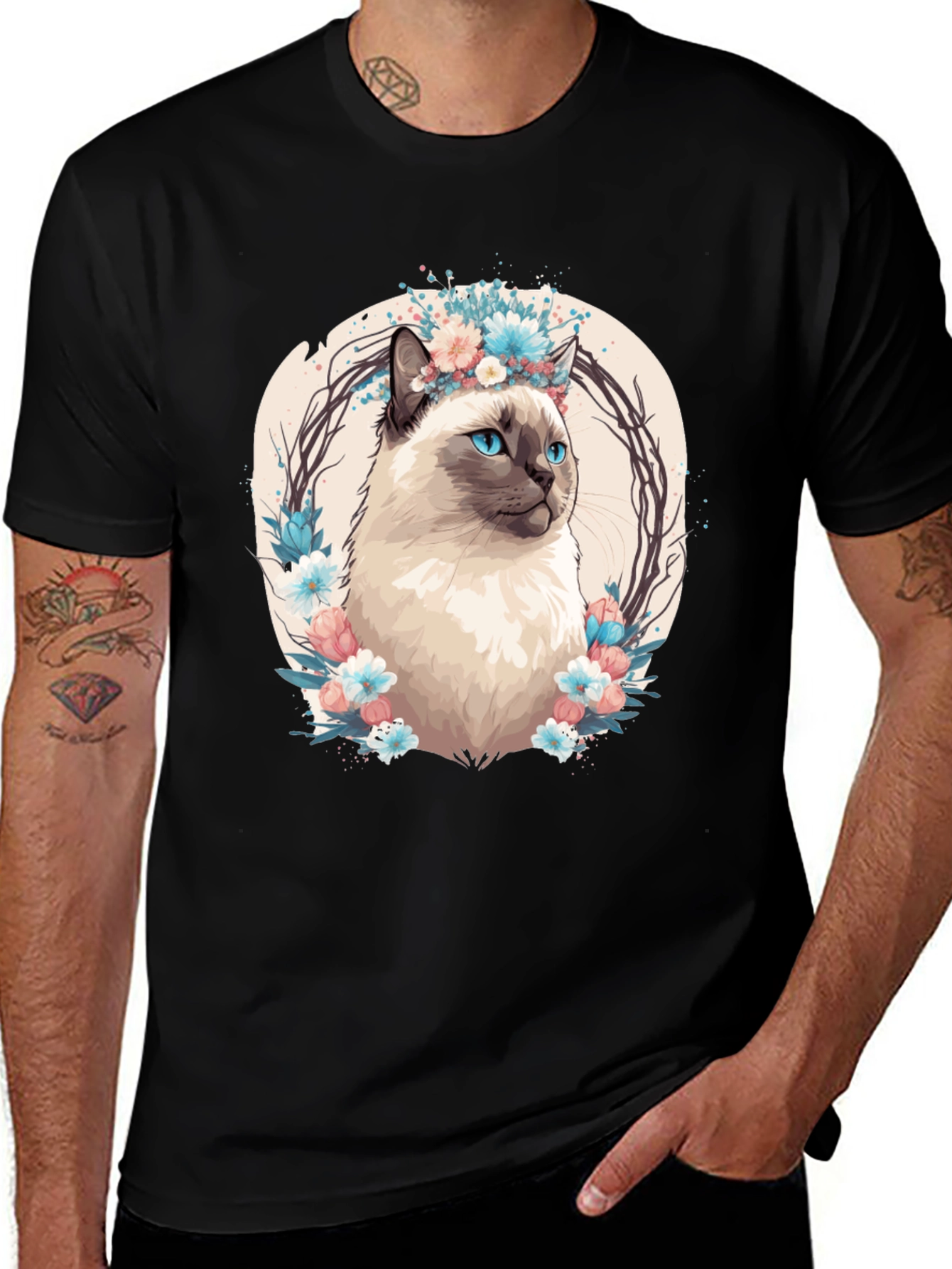 Variant 17 of Cat Floral Wreath Black T-Shirt