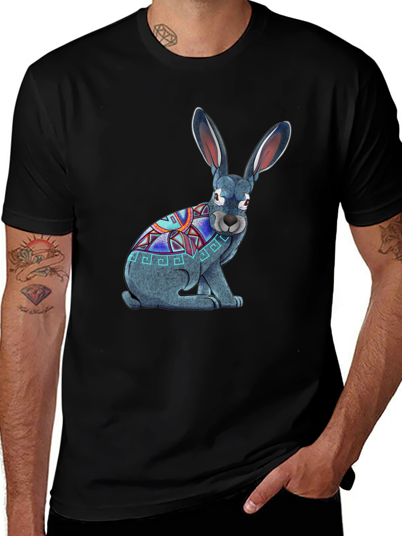 Variant 16 of Aztec Rabbit Graphic T-Shirt - Black Cotton Tee
