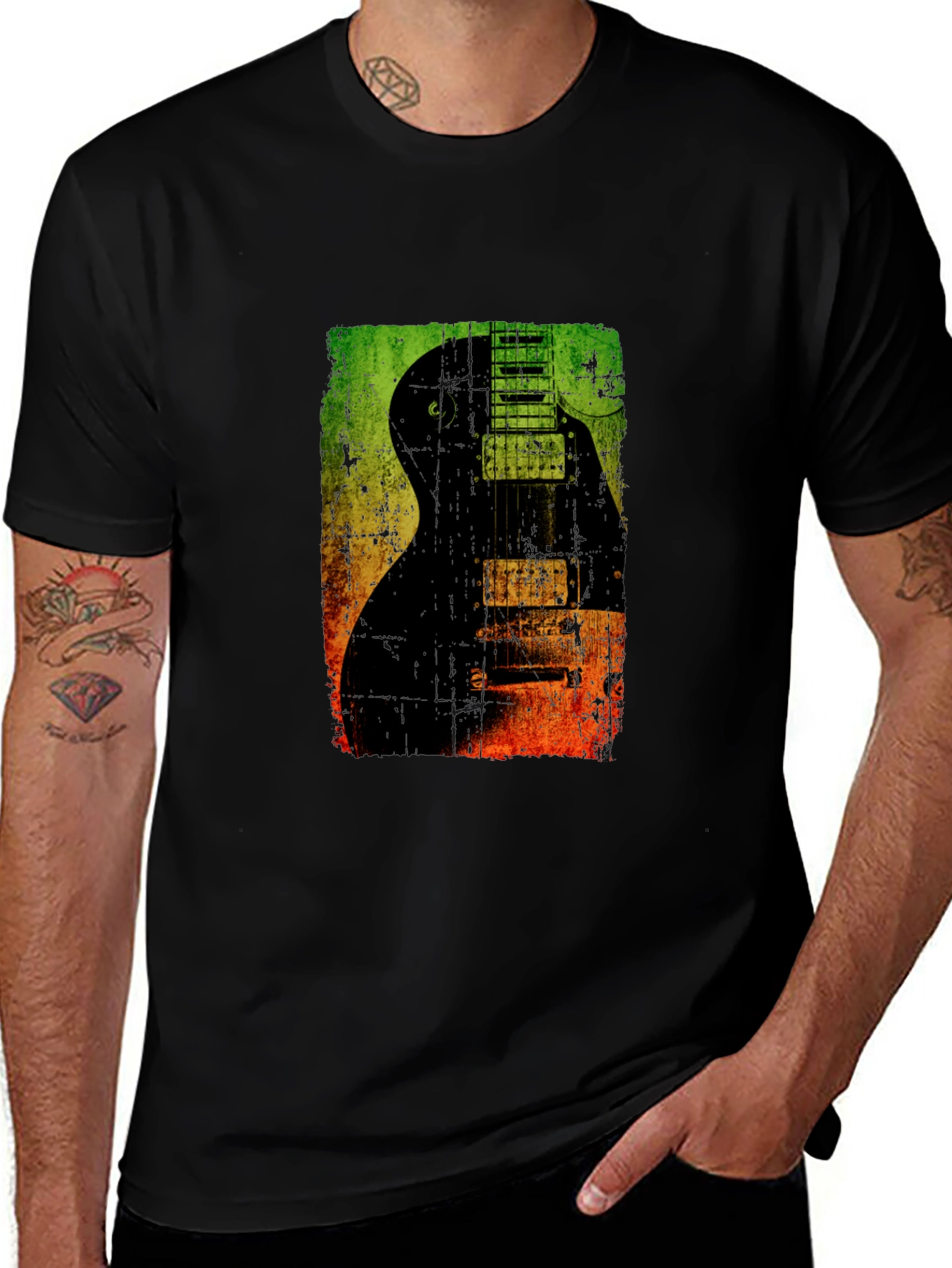 Variant 14 of Retro Guitar Graphic Print Black T-Shirt