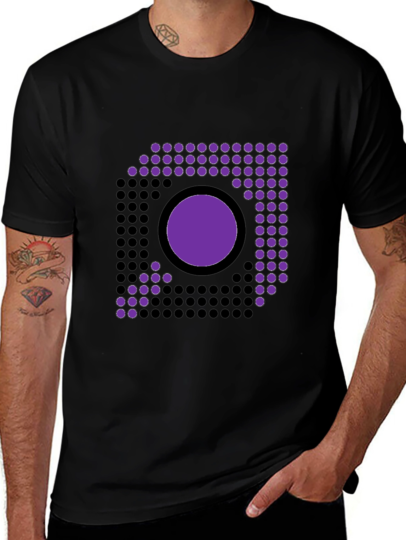 Geometric Purple Dot Design Black T-Shirt