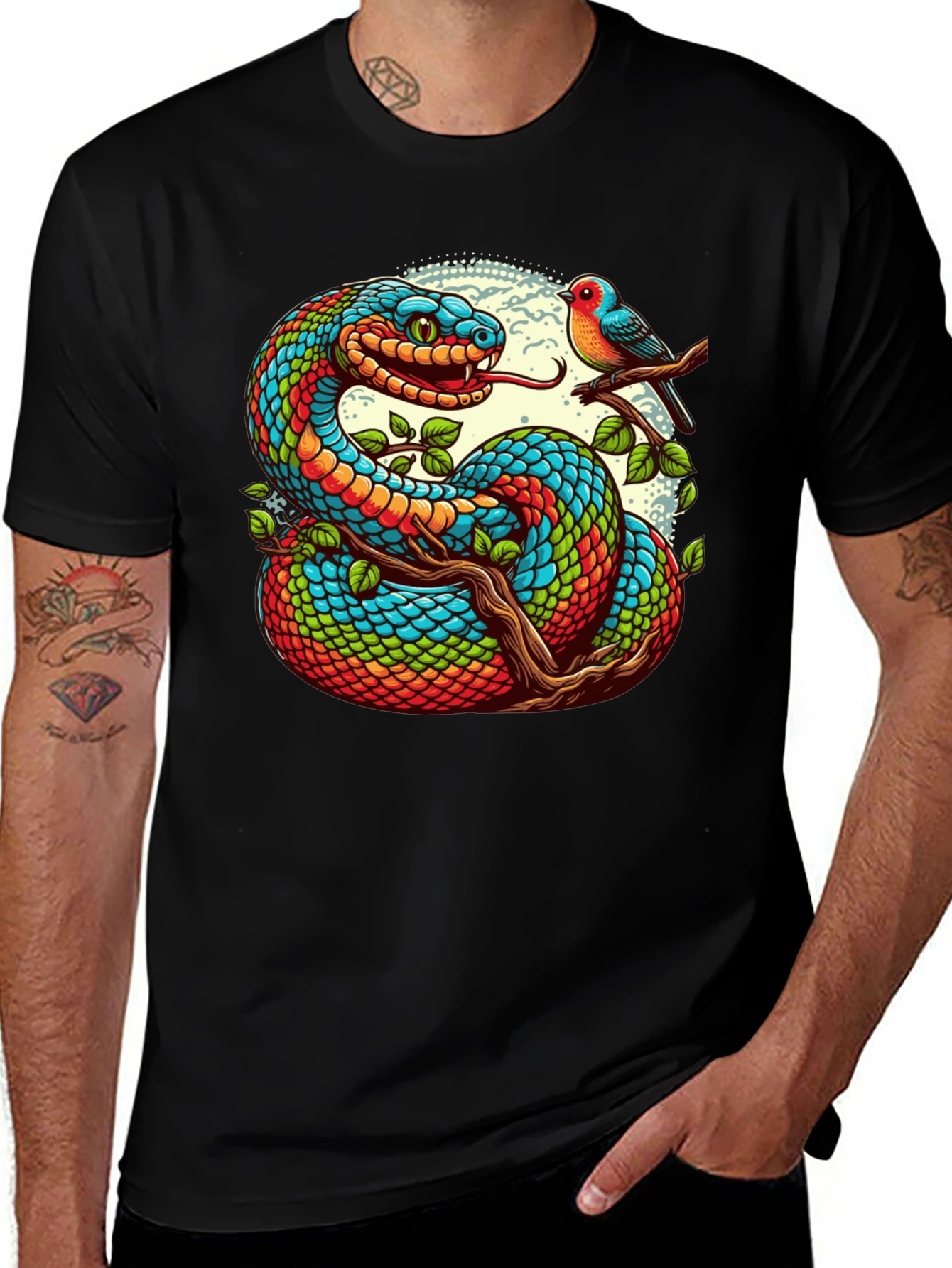 Variant 12 of Colorful Snake & Bird Graphic Tee