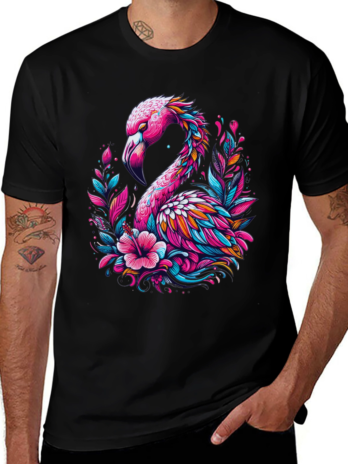 Variant 25 of Flamingo Floral Graphic Tee - Stylish Men's Black T-Shirt