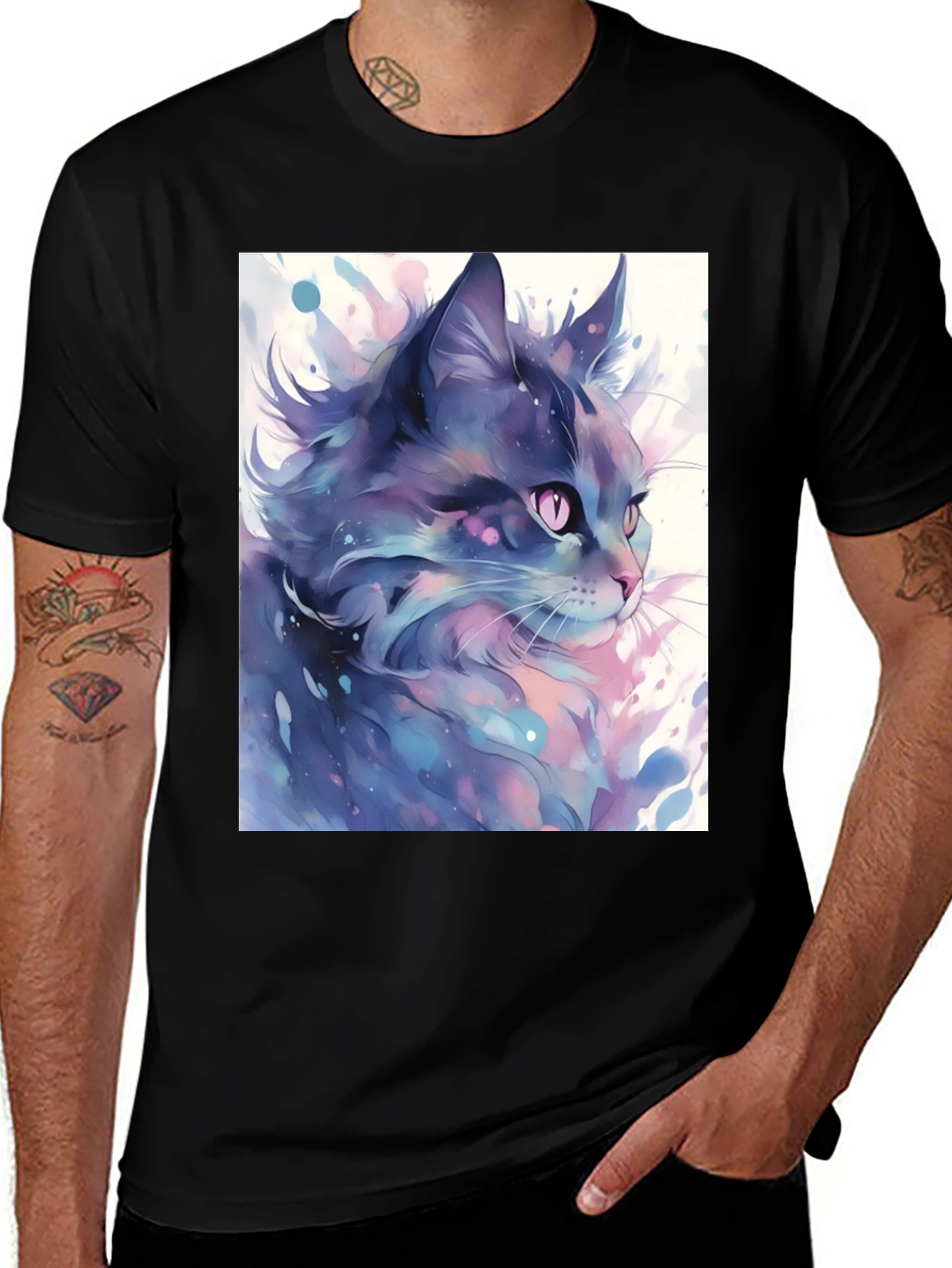 Variant 10 of Watercolor Cat Graphic Tee - Black Cotton Blend