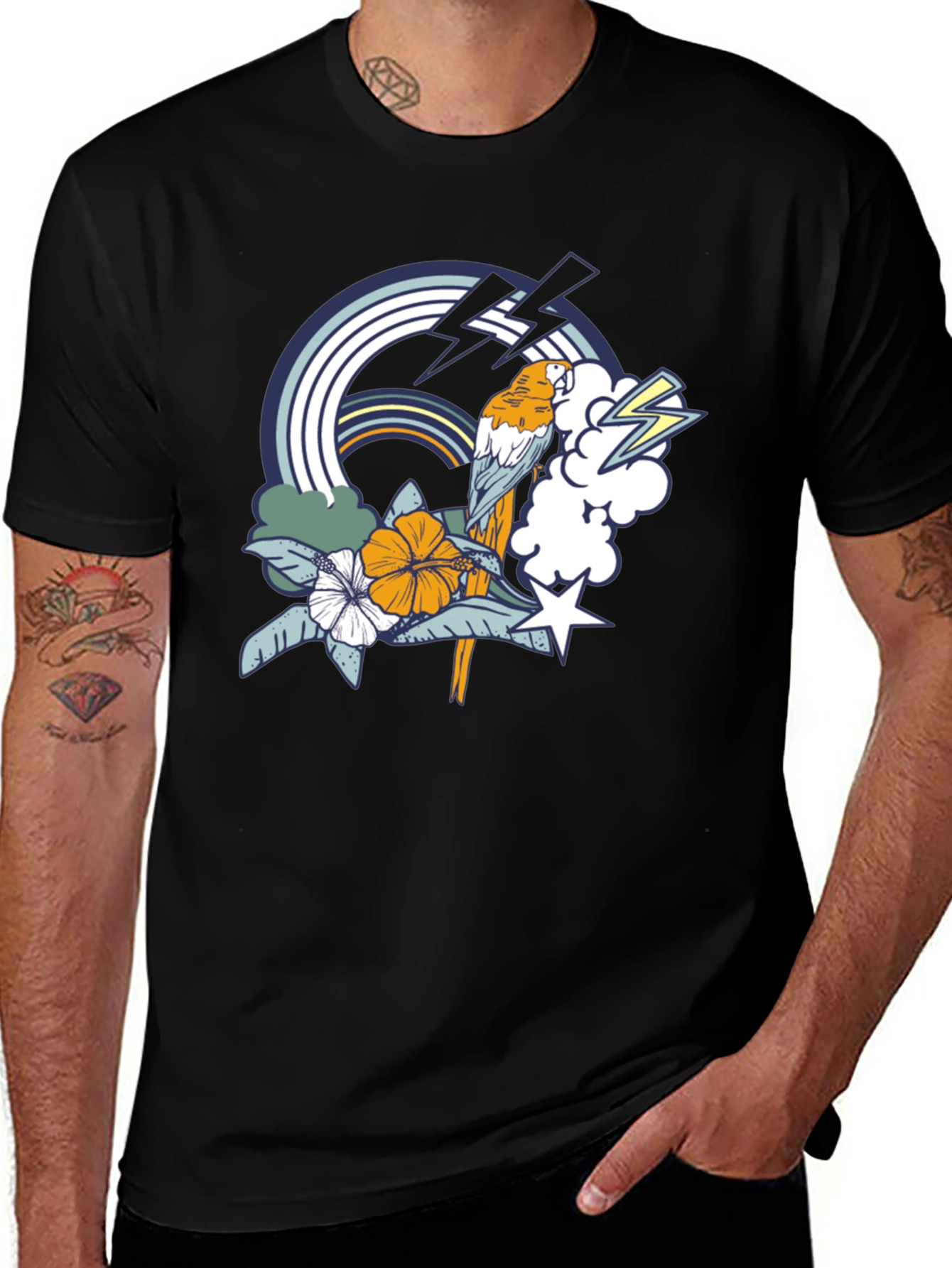 Variant 23 of Tropical Parrot & Rainbow Graphic Black T-Shirt