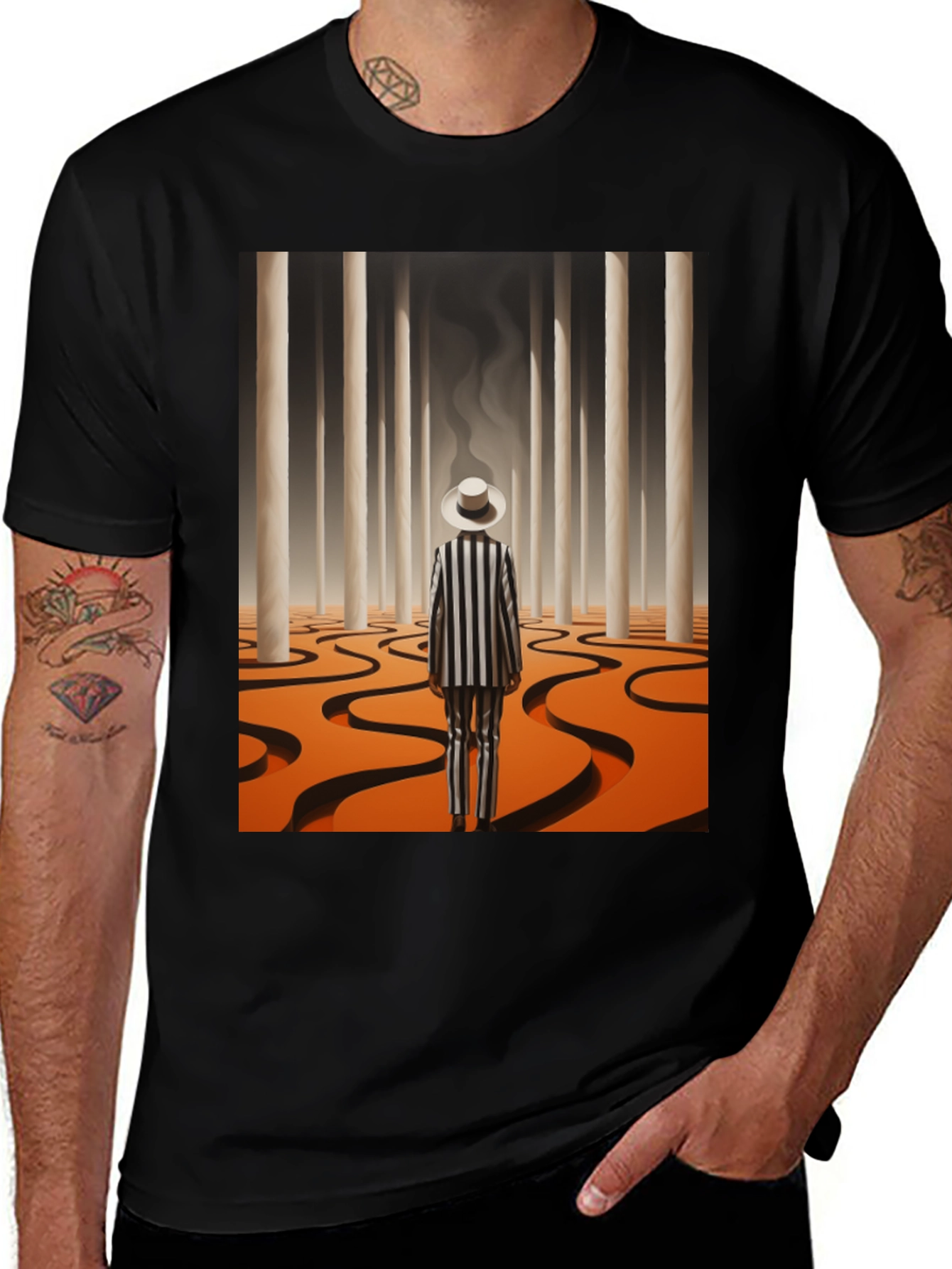 Variant 5 of Surrealist Man in Striped Suit Graphic Tee