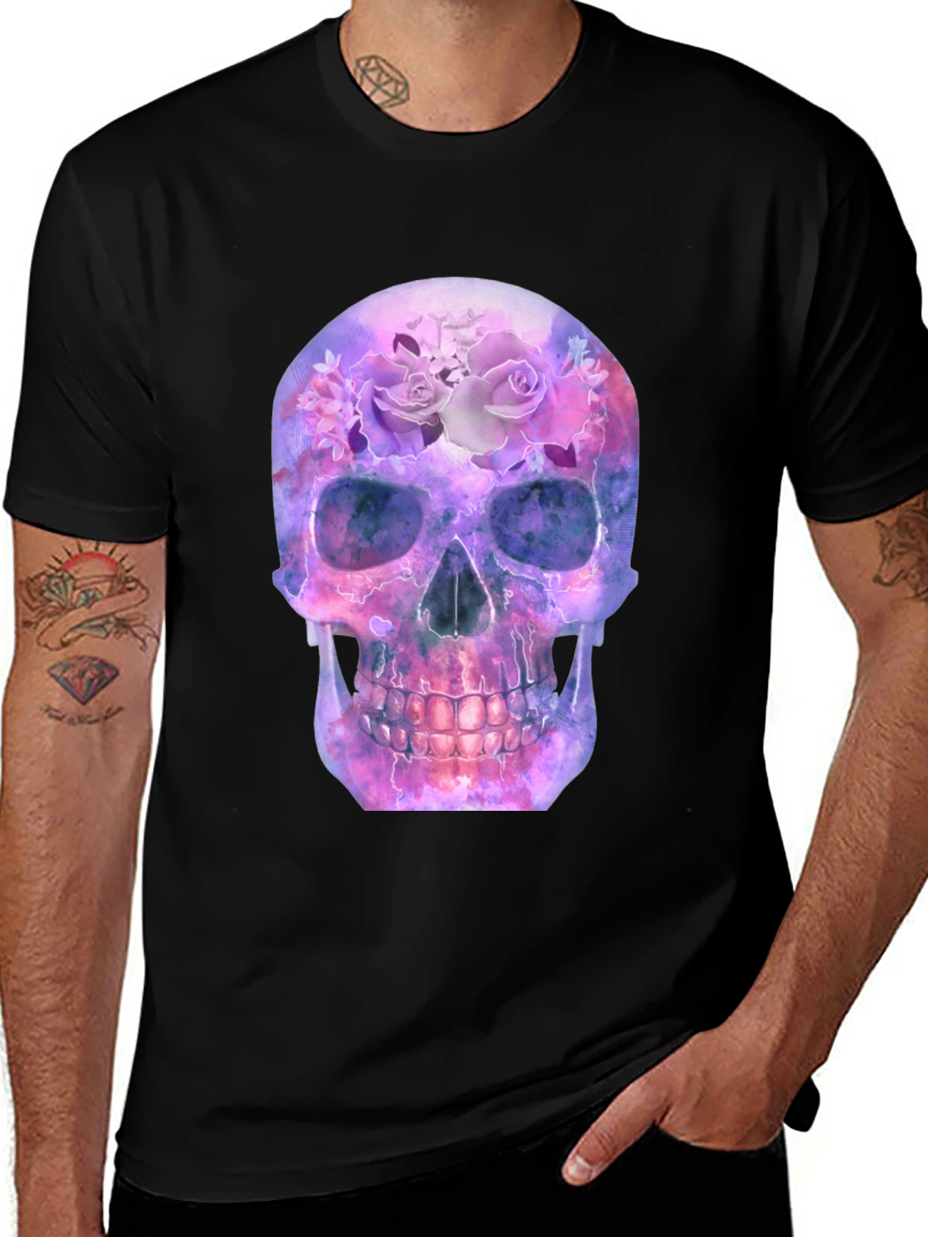 Variant 7 of Floral Skull Graphic T-Shirt - Men's Black Tee