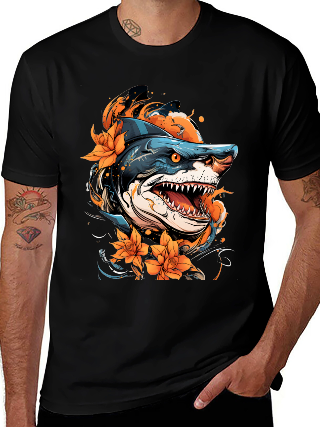 Variant 3 of Shark & Floral Graphic Black T-Shirt