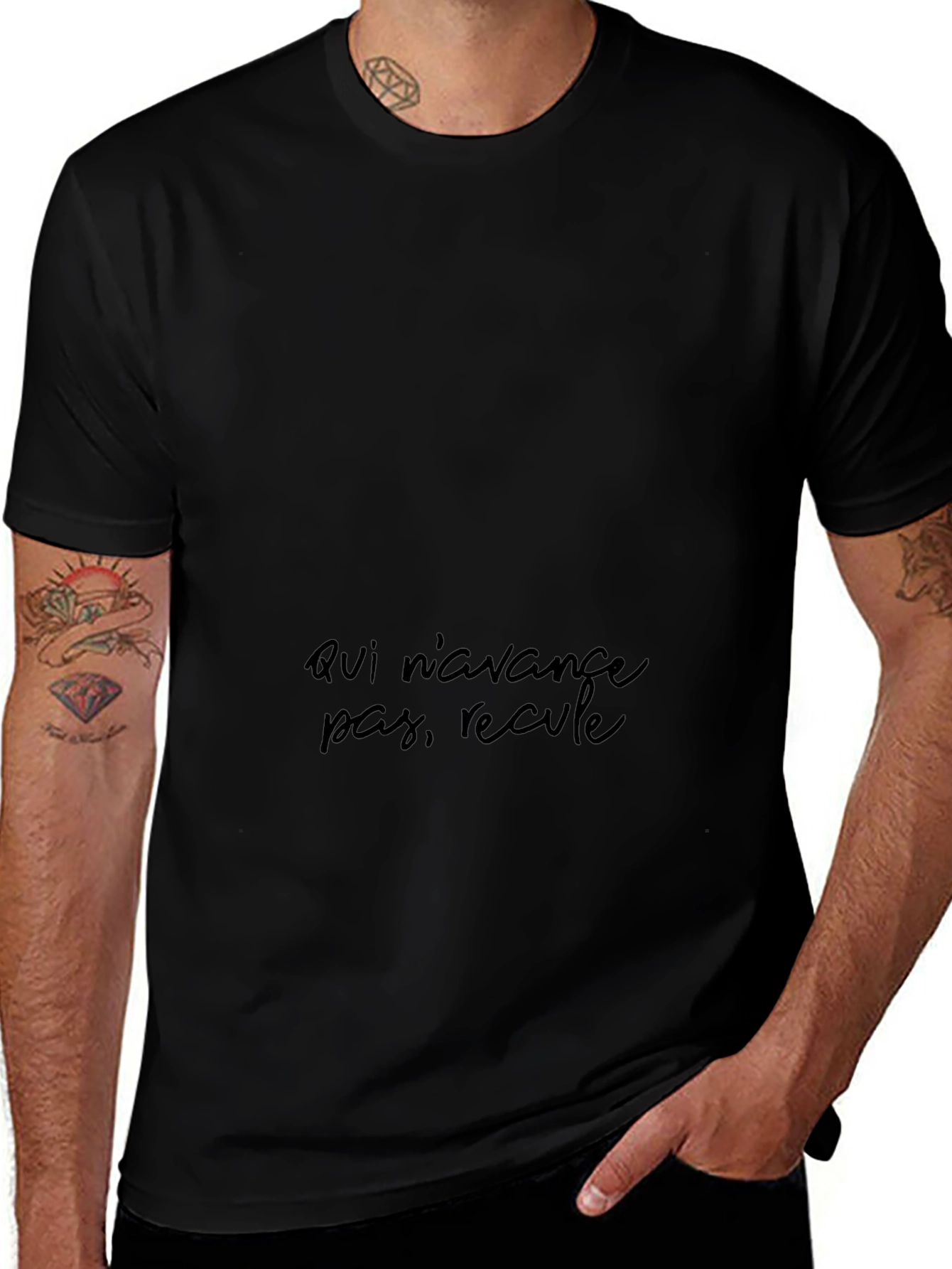 Variant 17 of Black T-Shirt - 'Qui n'avance pas, recule' Design