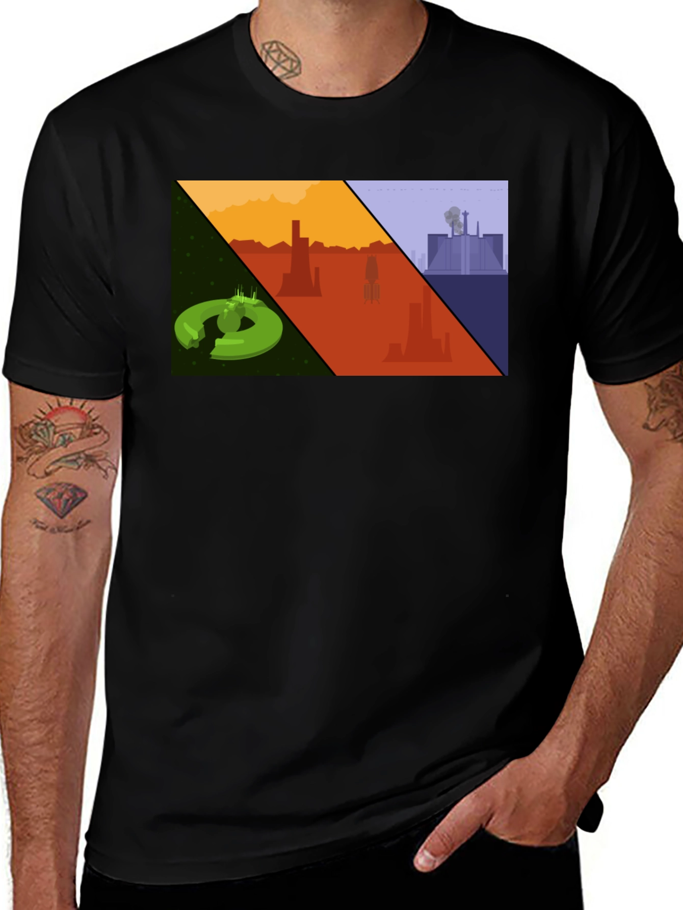 Variant 16 of Cartoon Landscape Graphic Print Black T-Shirt