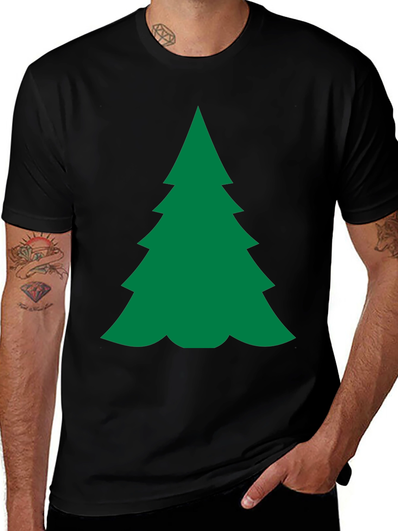 Festive Green Christmas Tree Graphic Tee - Black