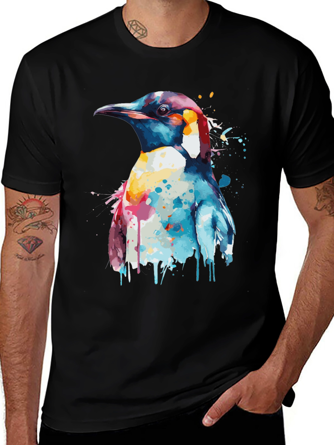 Variant 7 of Penguin Watercolor Graphic Tee - Stylish Black T-Shirt