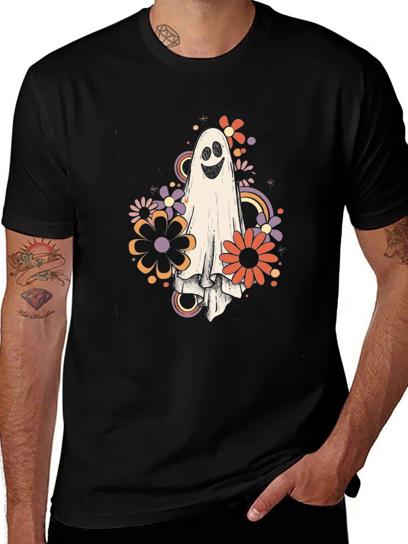 Variant 20 of Retro Ghost Floral Graphic Tee - Halloween Vibes
